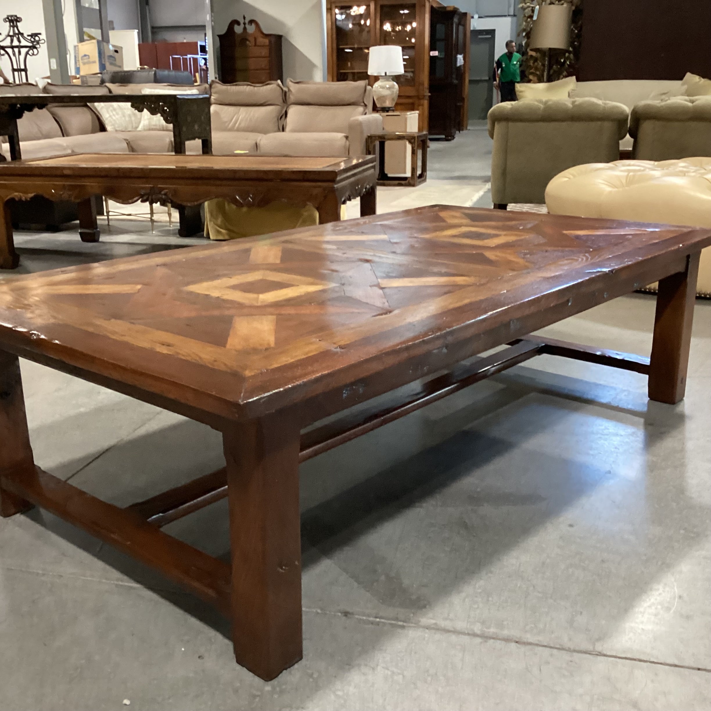 Rustic 2 Tone Finish with Inlay Design Top & Trestle Coffee Table 71.5"x 39.5"x 19.5"