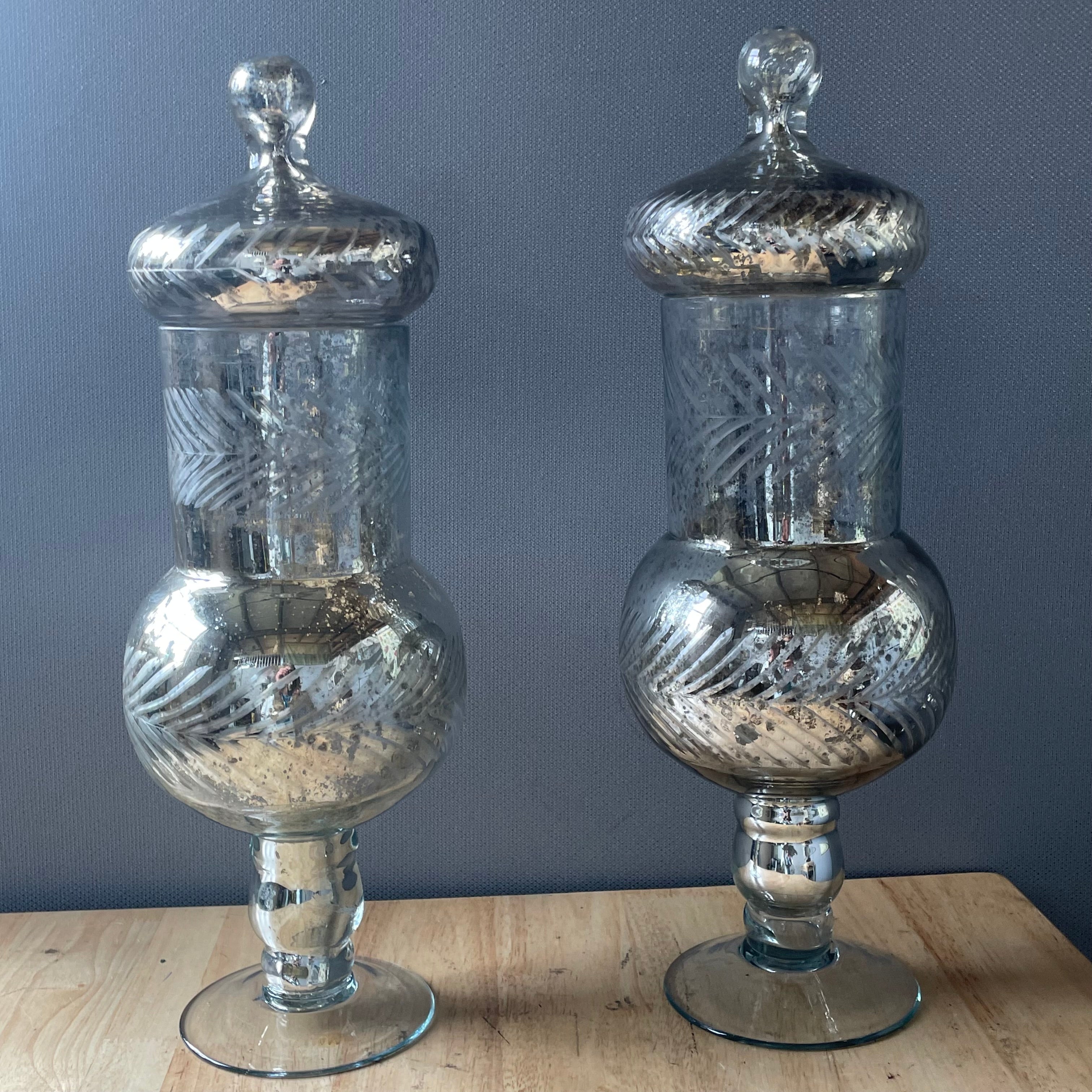 Set of 2 Decorative Etched Mercury Glass Apothecary Jars, 6"x 17" Each