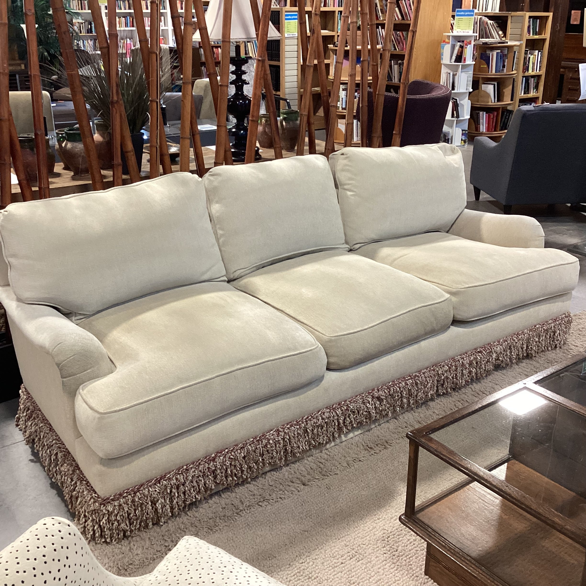 JJ Custom Cream Chenille Woven with Fringe Down Mix Sofa 96"x 42"x 31"