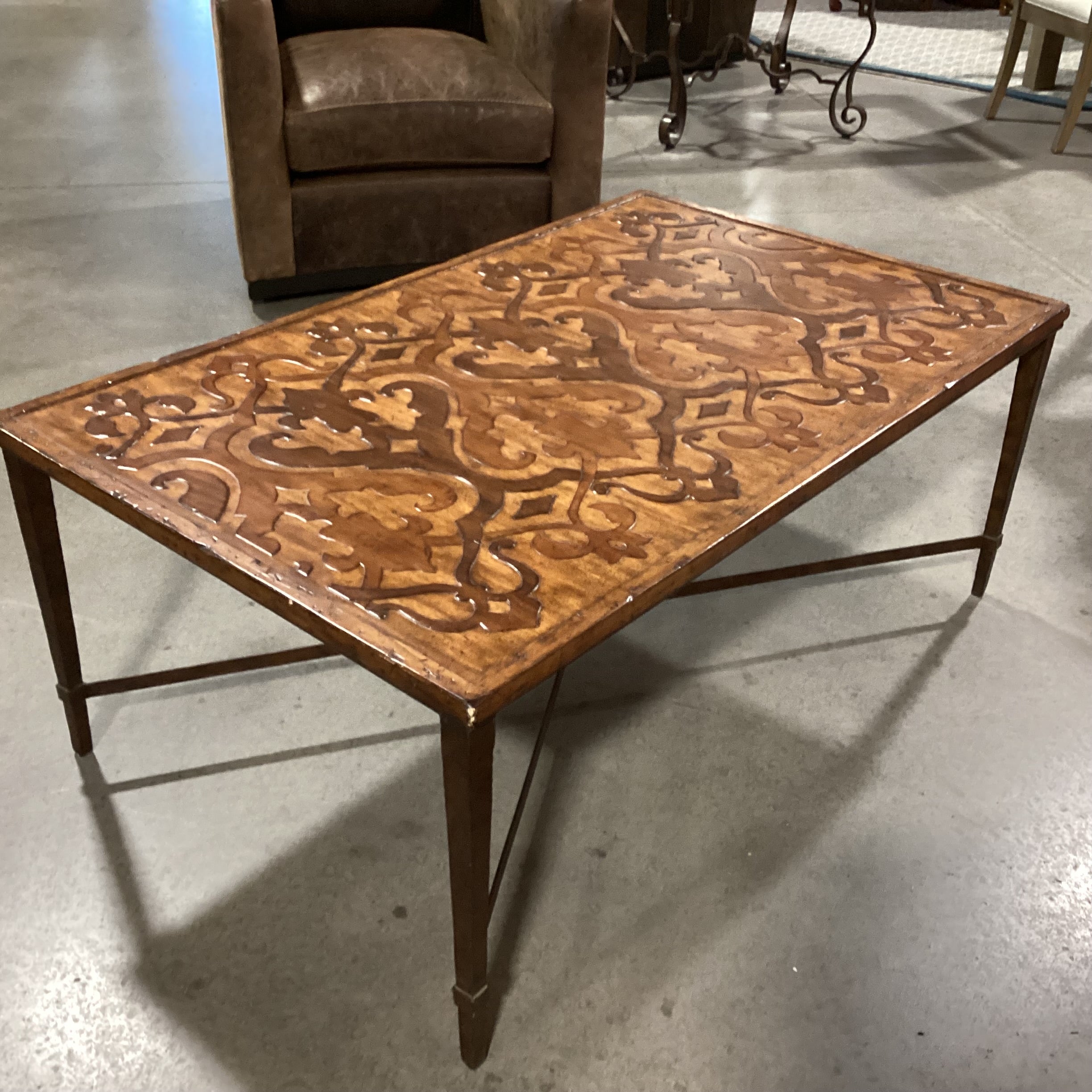 Ornate Hand Carved 2 Tone Distressed Wood & Iron X Stretcher Base Coffee Table 50"x 31"x 20"