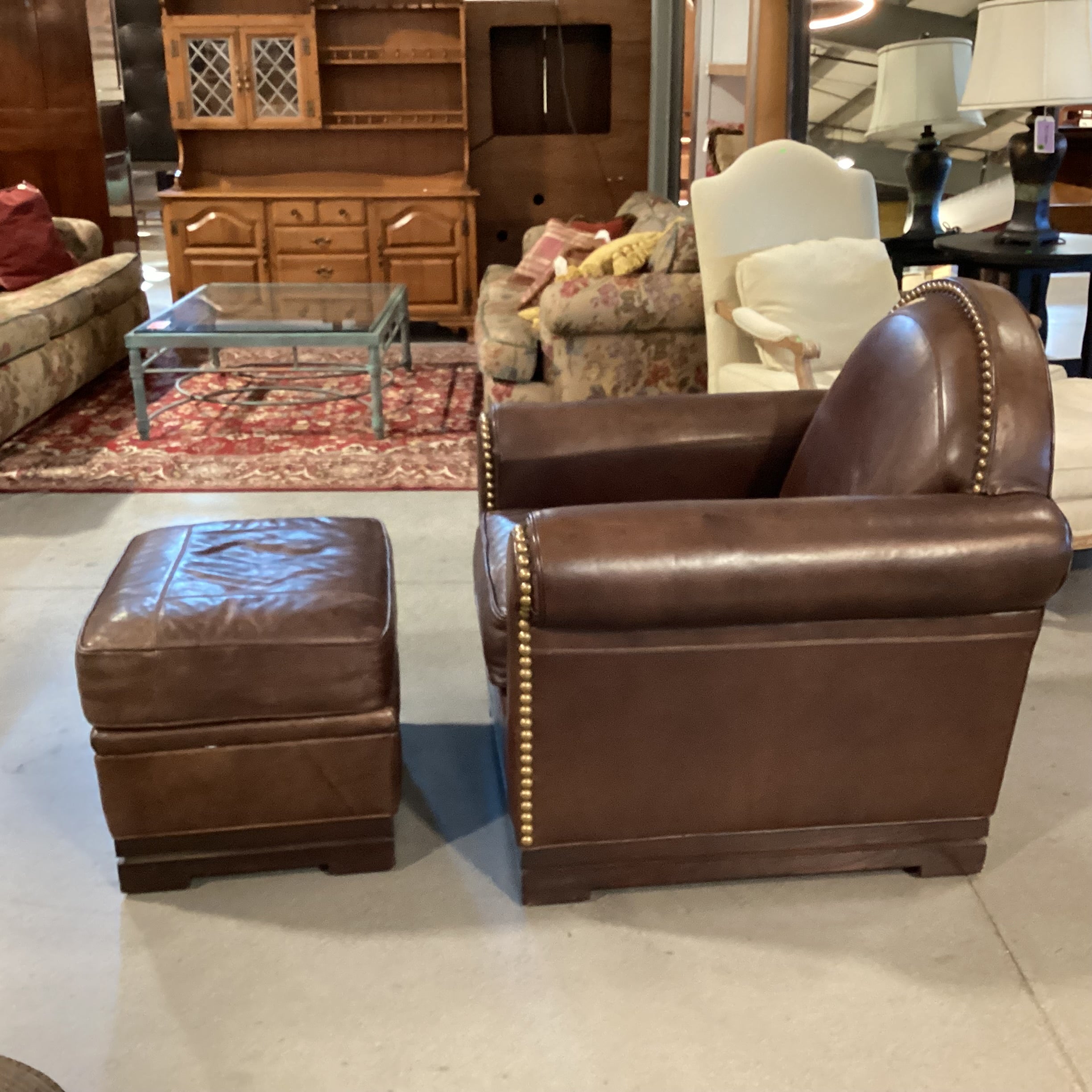 Mulholland Brothers Home Collection by Eric Brand Art Deco Style Leather Nailhead with Ottoman Club Chair 36"x 35"x 37.5"