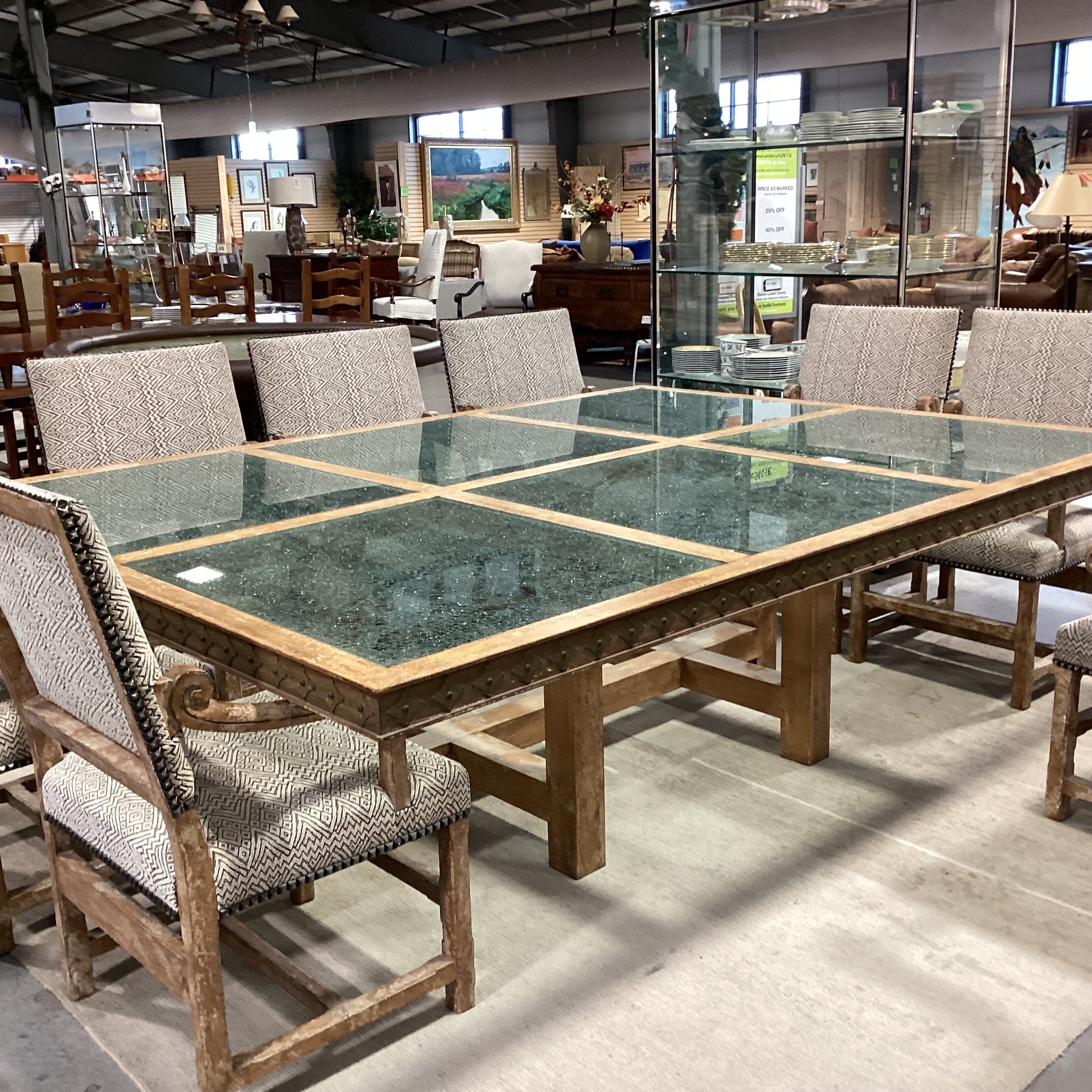 Custom Carved Textured Distressed Finish with Inset Crackle Glass Table with 10 Chairs Dining Set 96"x 72"x 30"