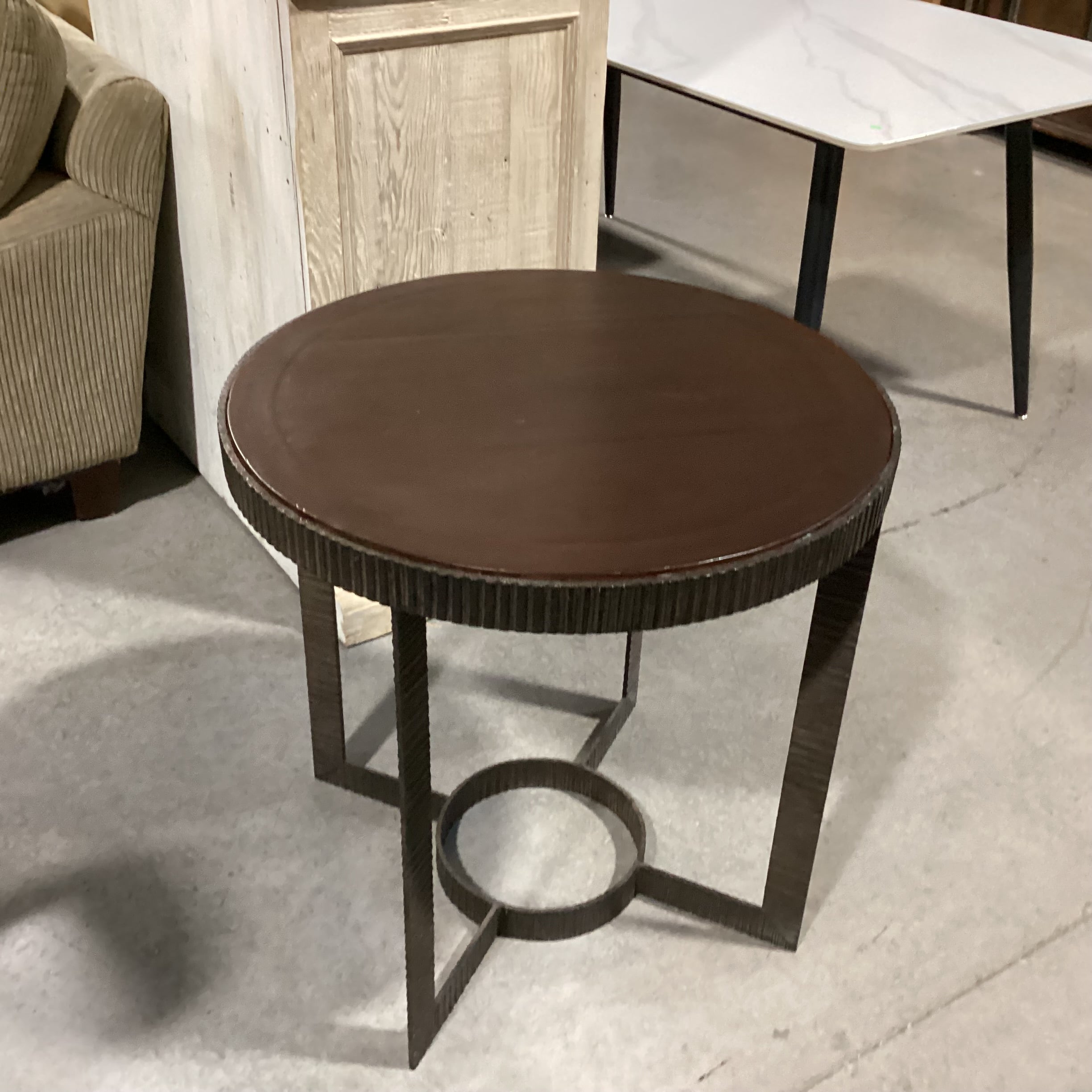Round Wood & Texture Ribbed Iron Accent Table 28" Diameter x 28"