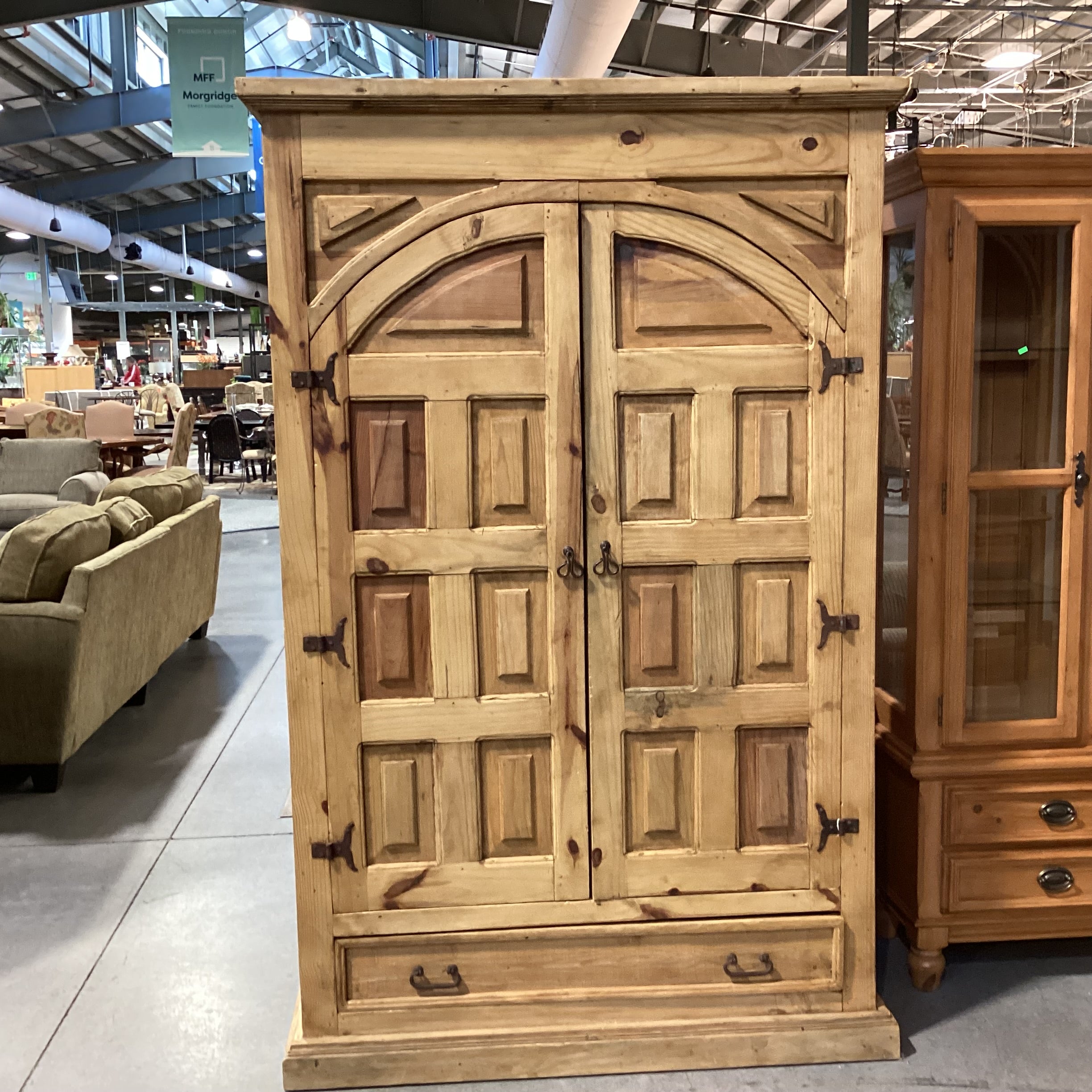 Rustic Carved Solid Natural Pine 2 Arched Door with Shelves & Bottom Drawer Armoire 52"x 26"x 80"