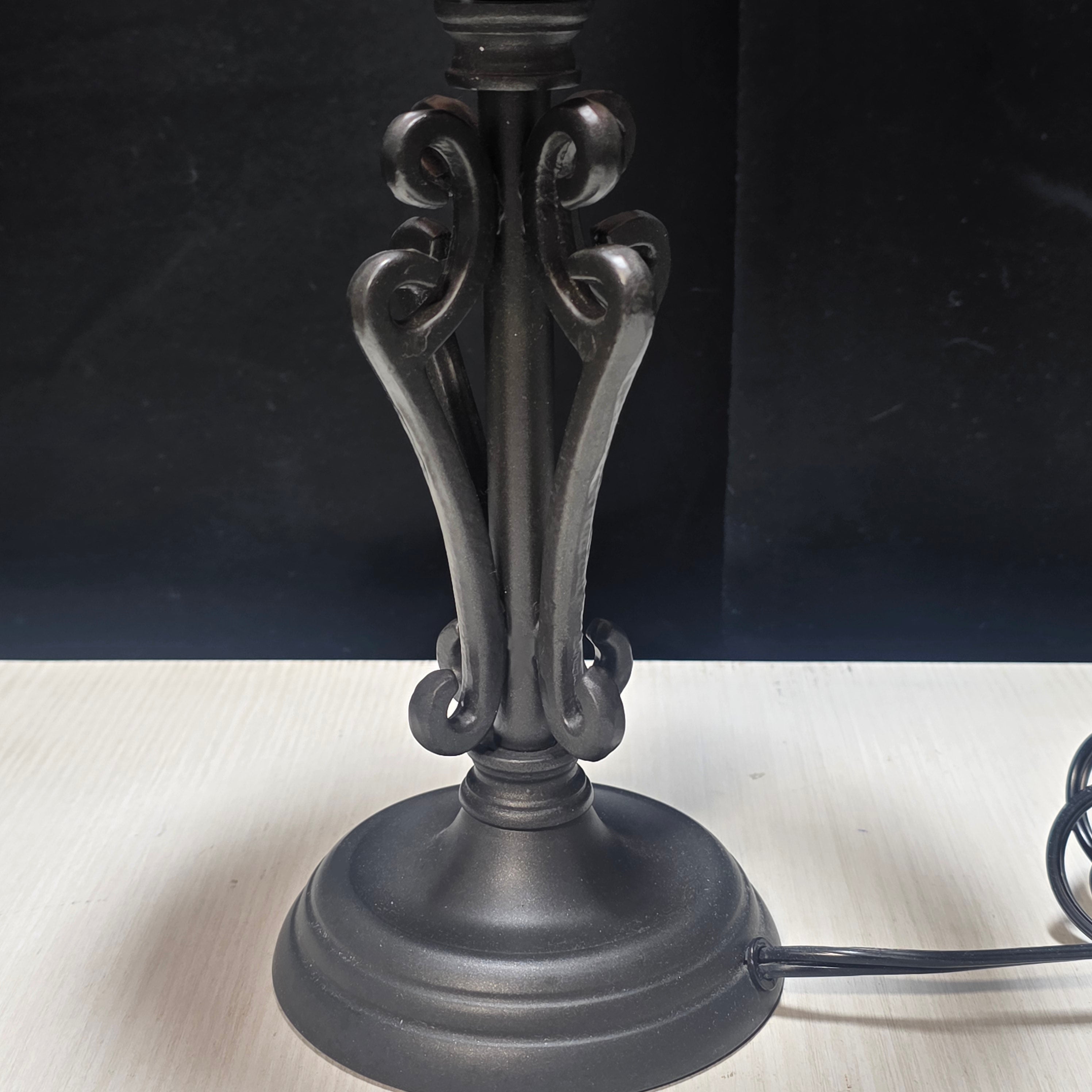 Vintage Metal Scroll Design Table Lamp Tan Beaded Shade 8"Dx17"