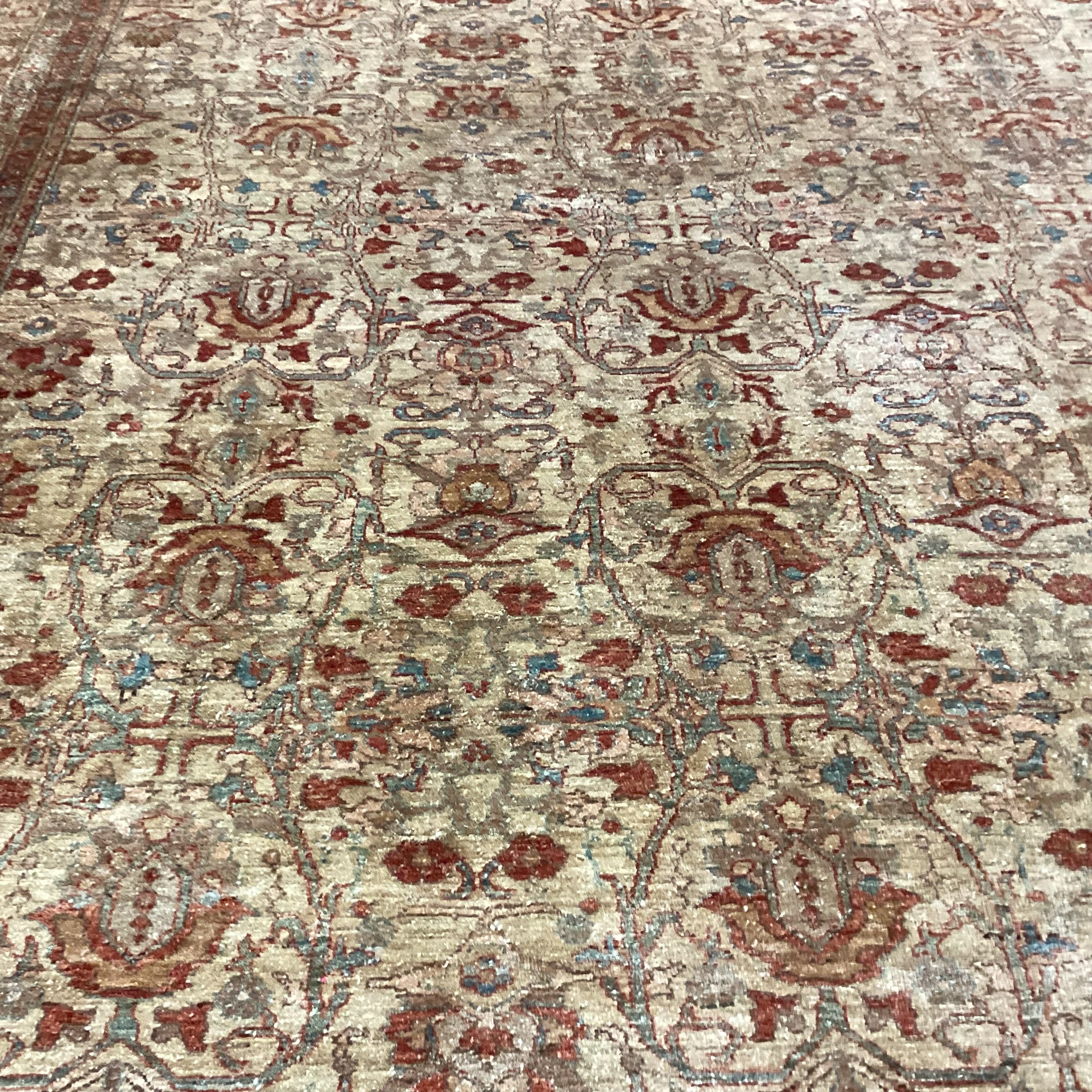 Golden Tan Rust & Blue Hand Woven Wool Rug 12'x 18'