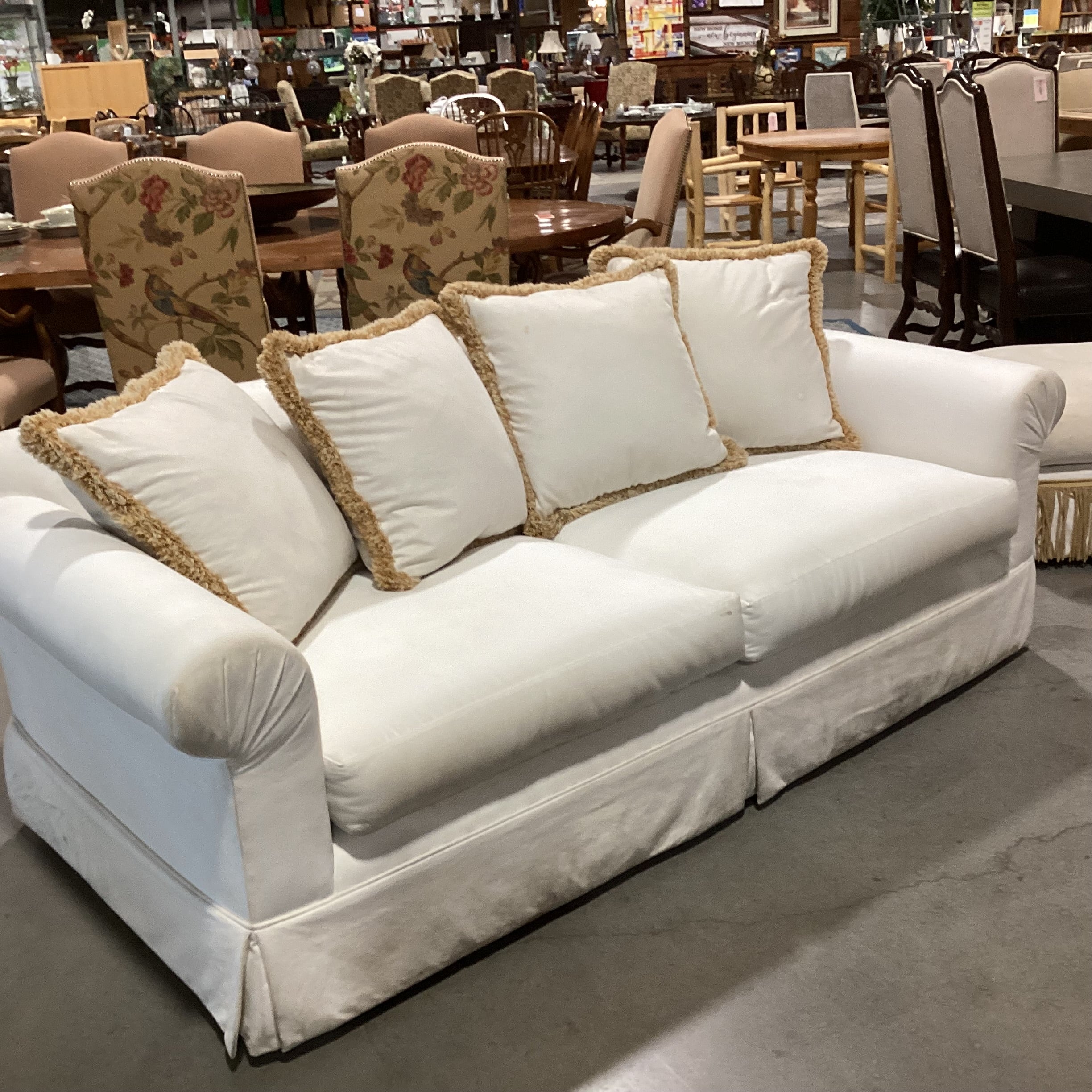 Custom Cream with Gold Tan Fringe Down Mix Roll Arm Sofa 85"x 40"x 31"