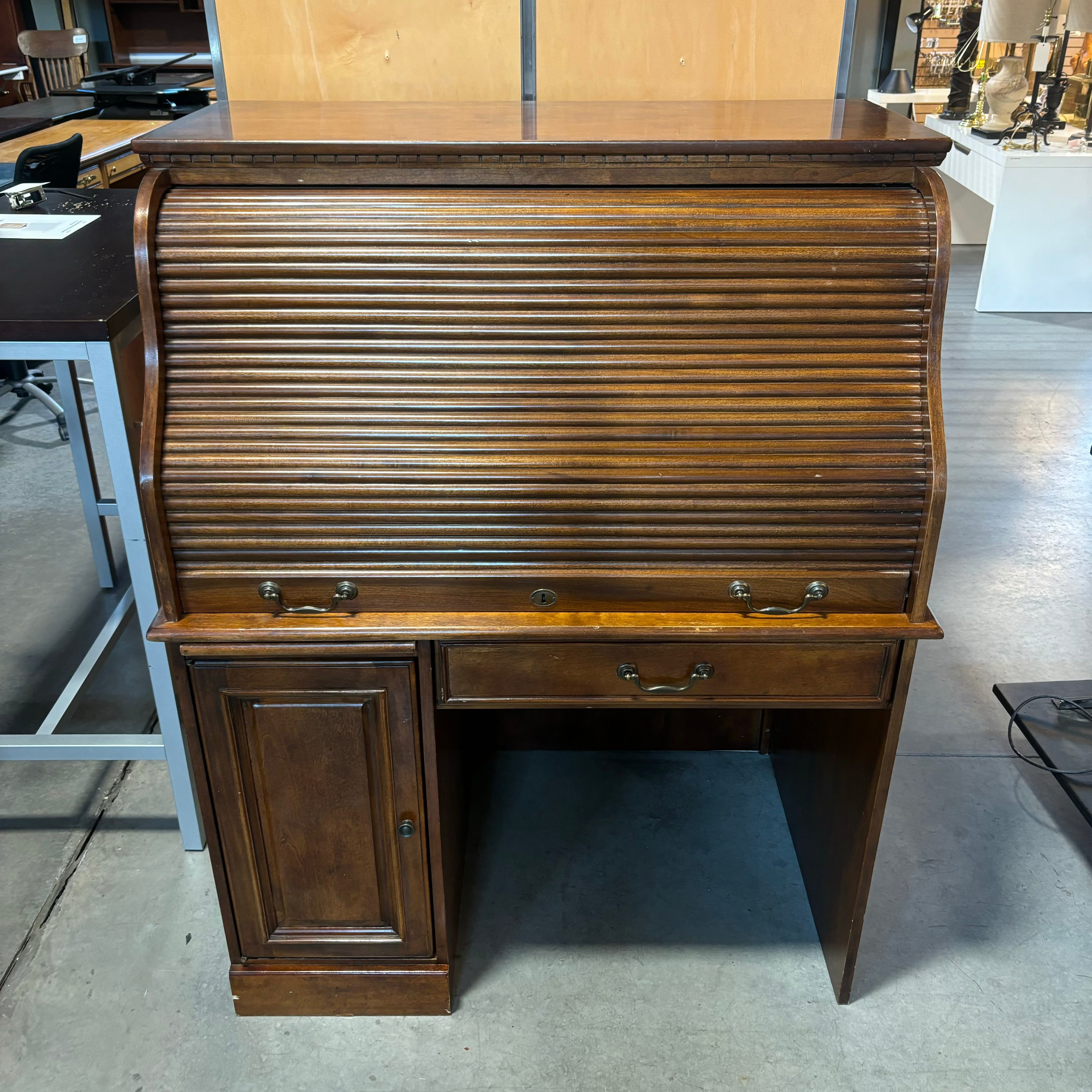 Dark Finish Wood 1 Door 2 Drawer & Pullout Surface Roll Top Desk 42.5"x 29"x 49"