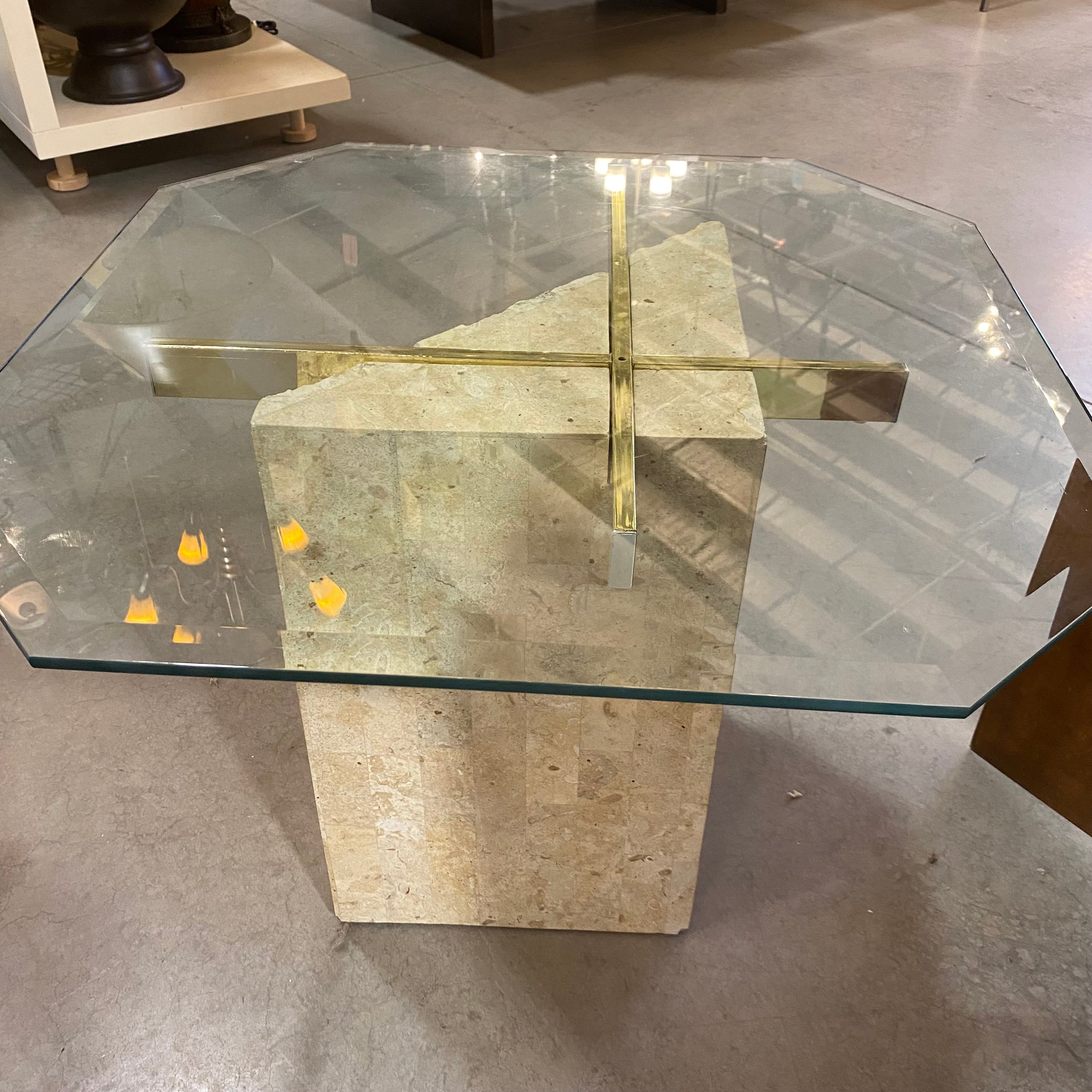 Travertine Base Beveled Glass Top Accent Table 26"x 26"x 21"