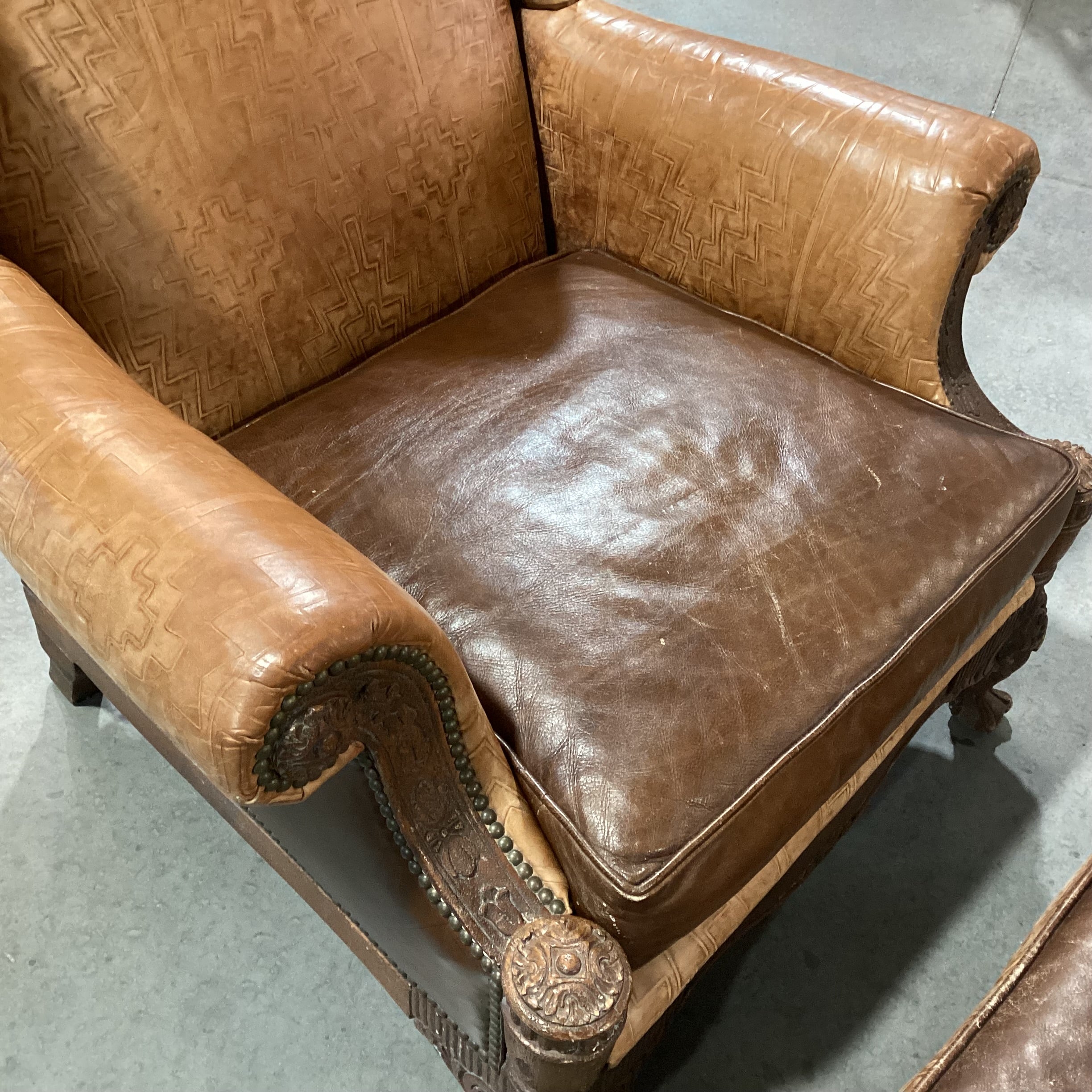 Old Hickory Tannery 2 Tone & Embossed Leather Nailhead Ornate Carved Wood with Ottoman Chair 38"x 36"x 37.5"