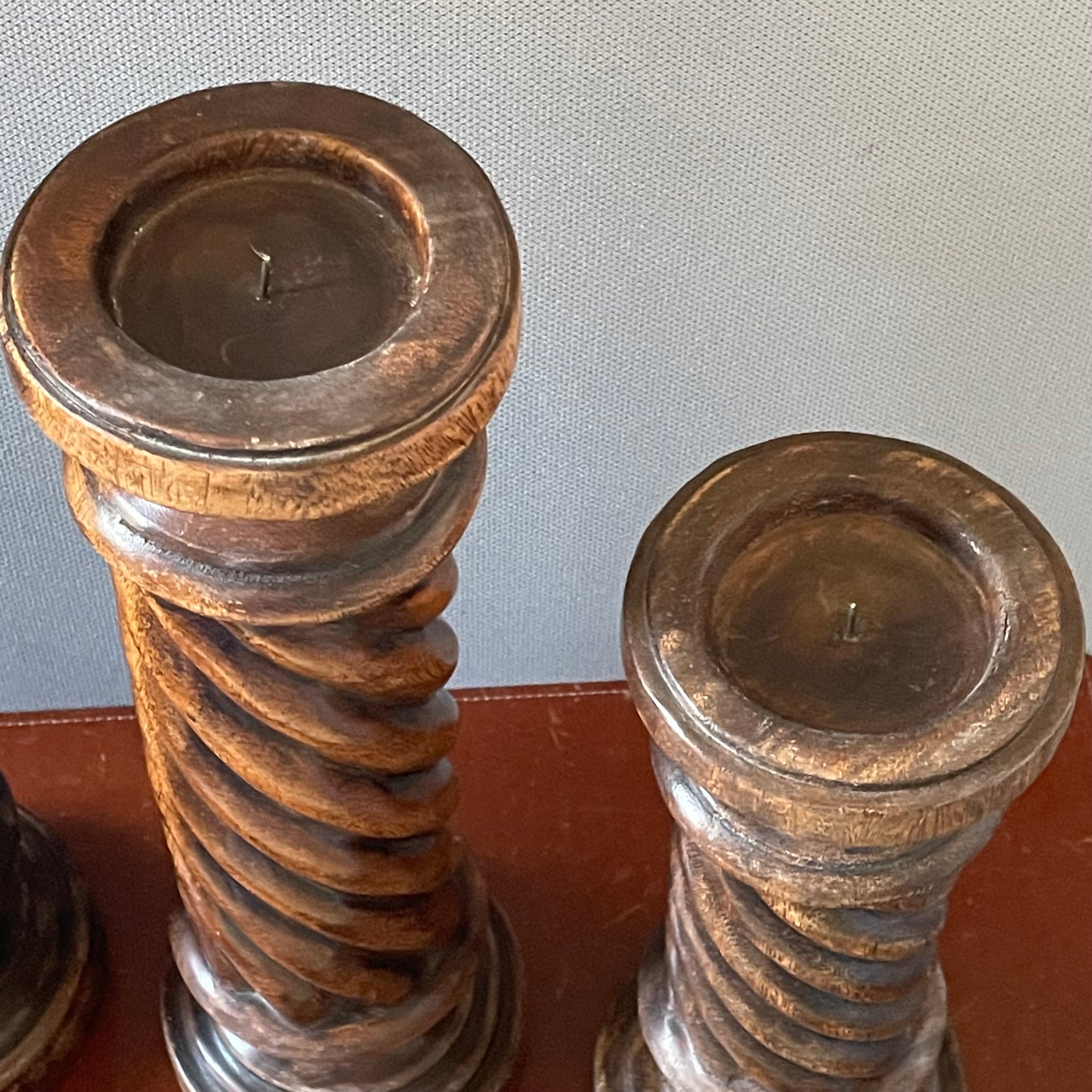 Set of 3 Vintage Wood Carved Barley Twist Candle Holders, 22",18,"x 14"