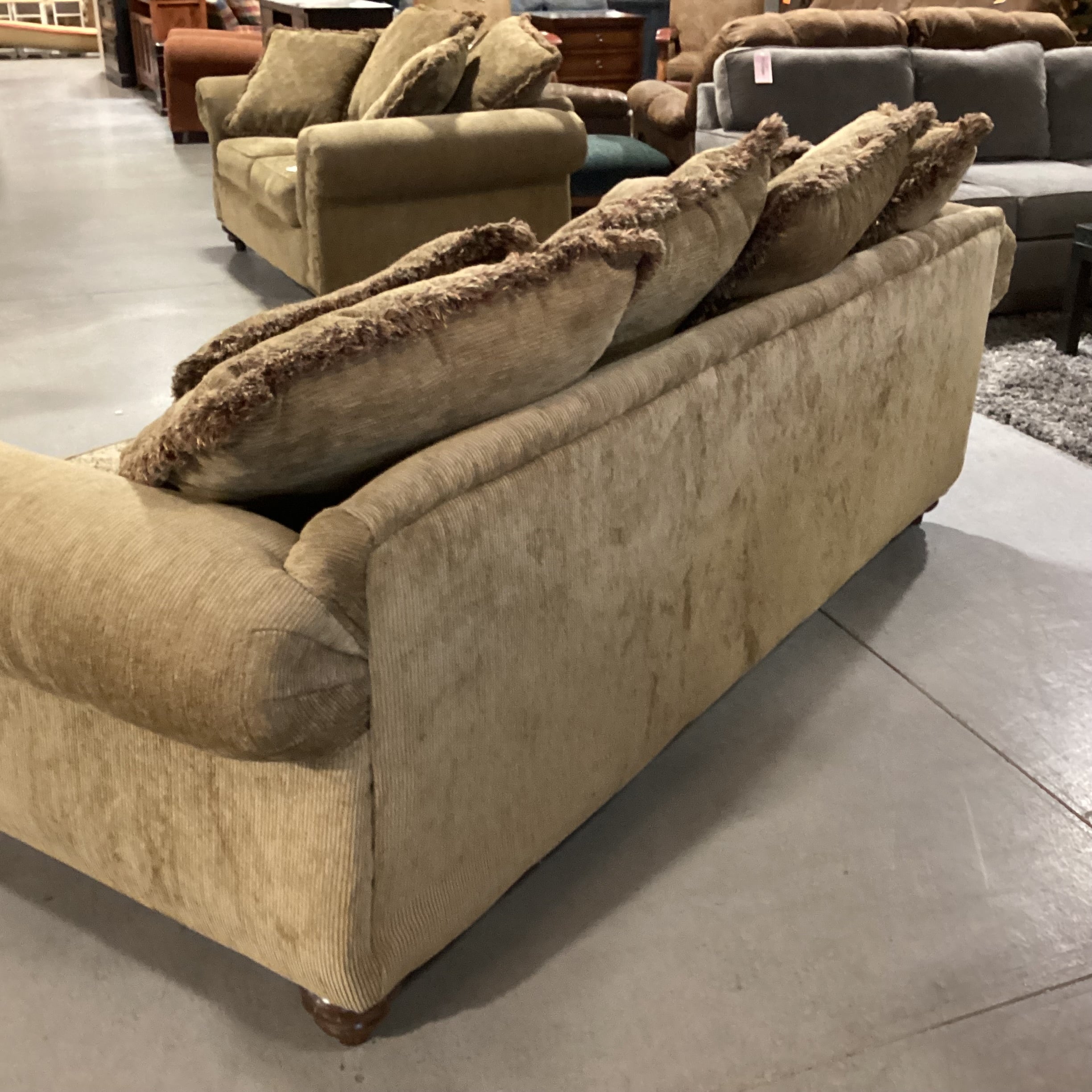 Golden Olive with Reversible Patterned Cushions & Back Pillows Roll Arm Nailhead Sofa 97"x 40"x 30"