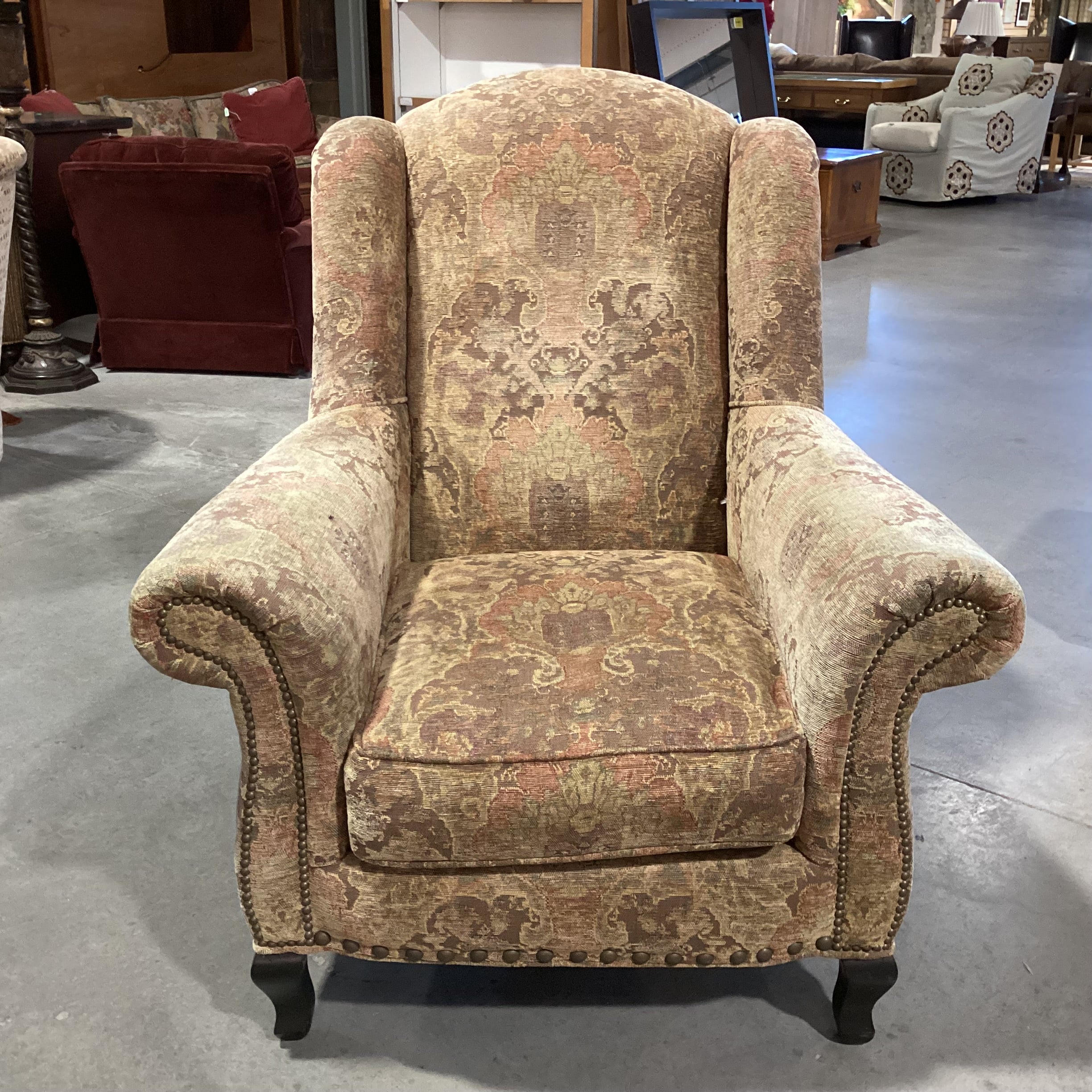 Arhaus Brown & Sage Chenille Woven with Nailhead Wing Chair 38"x 38"x 44"