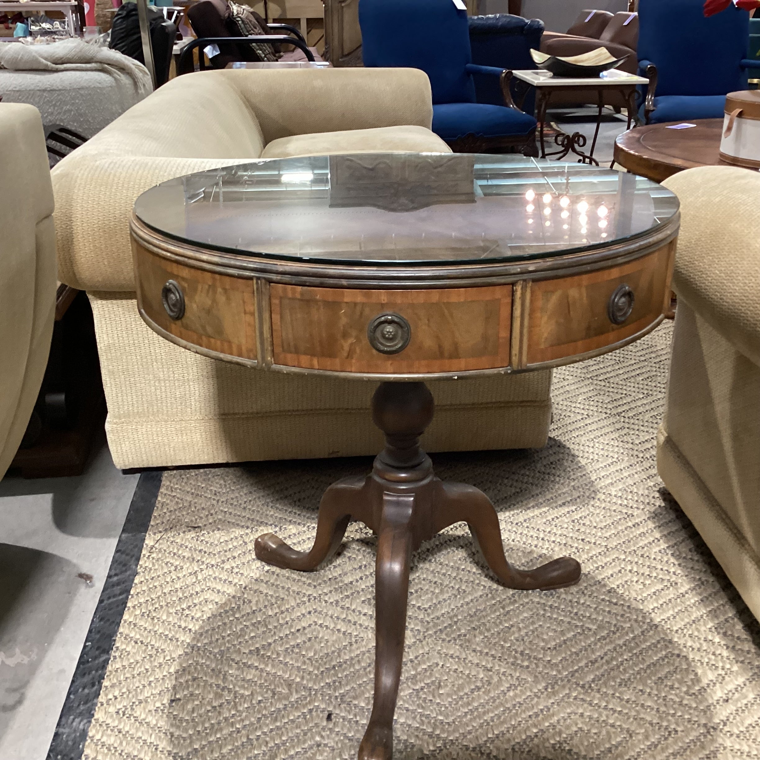 Antique Round Carved Wood &  Flamed Mahogany Veneer 4 Drawer Glass Top Accent Table 30" Diameter x 29.5"