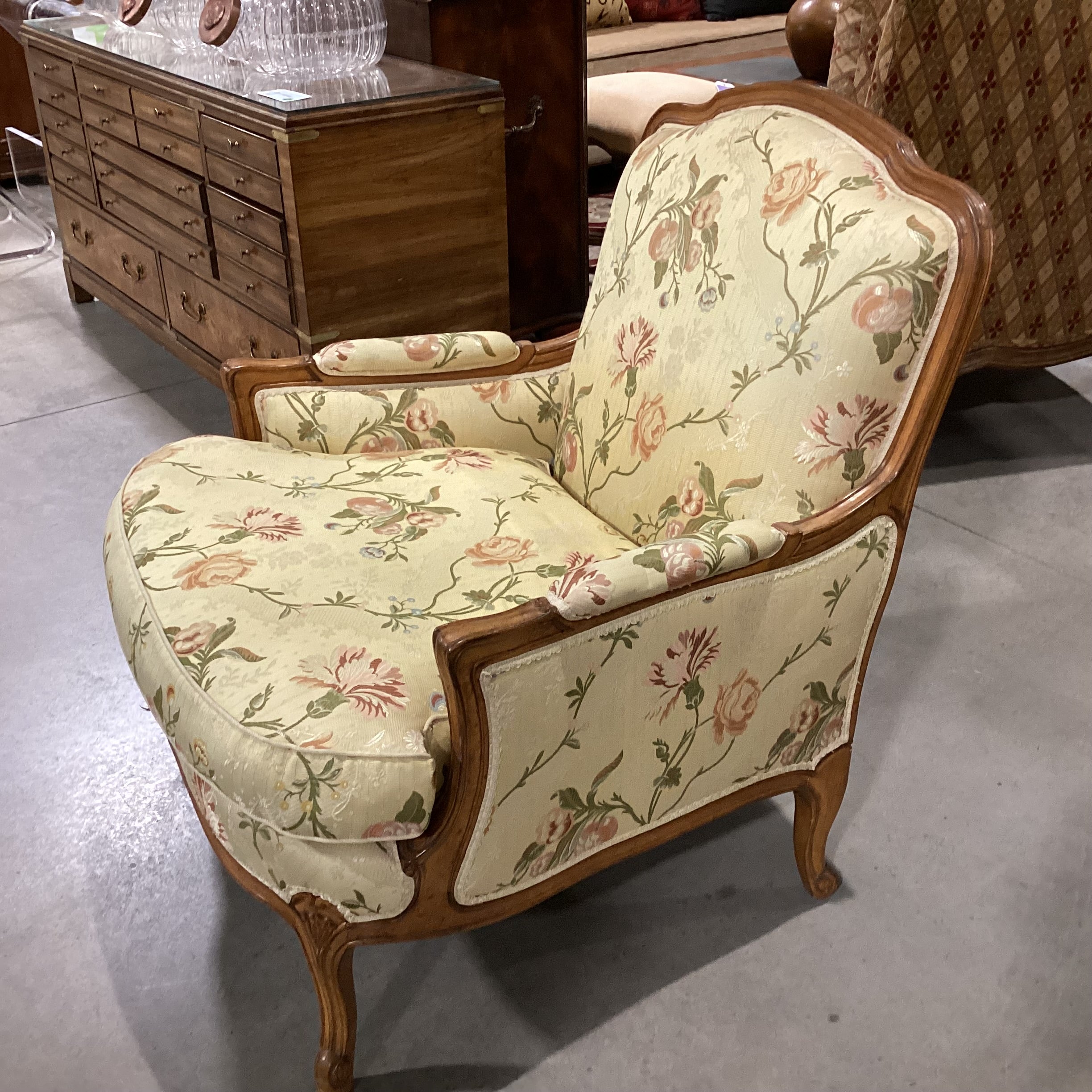 French Provincial Style Carved Wood with Yellow Floral Upholstery Chair 33"x 34"x 37.5"