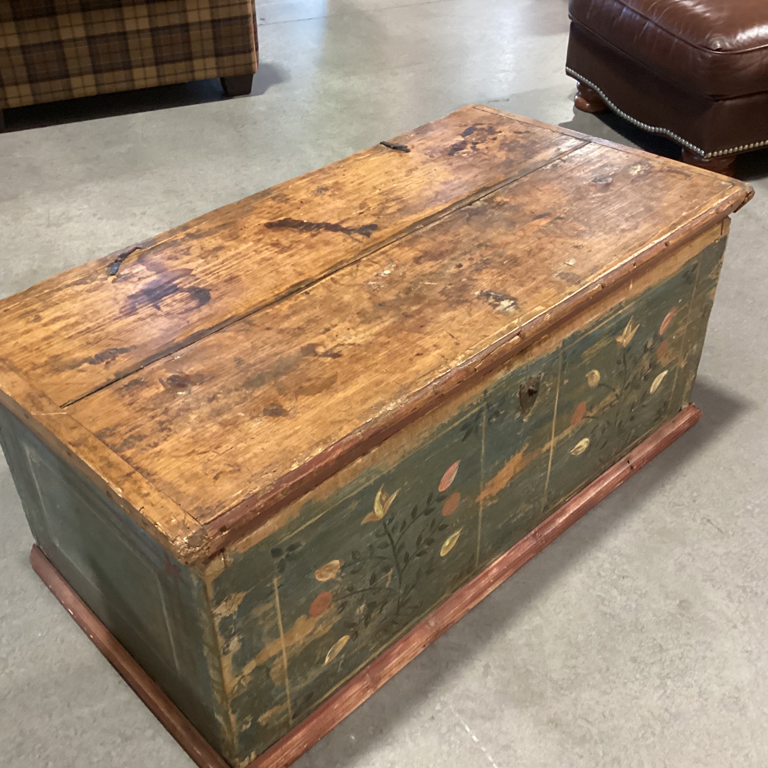 Antique Carved Wood with Hand Painted Floral Panel Trunk 42.5"x 23"x 18"