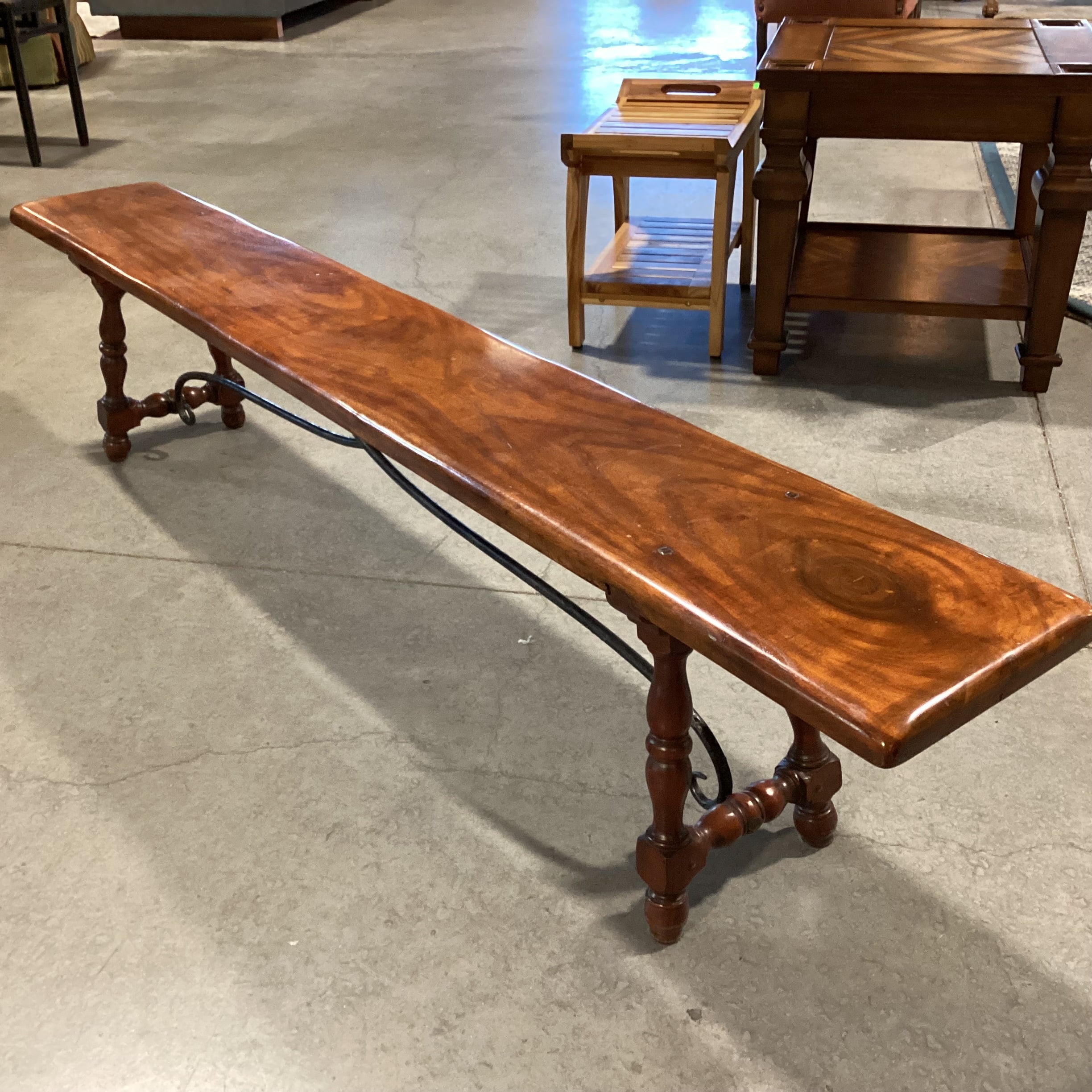 Finished Craved Wood with Iron Trestle Bench 84"x 12'x 18"