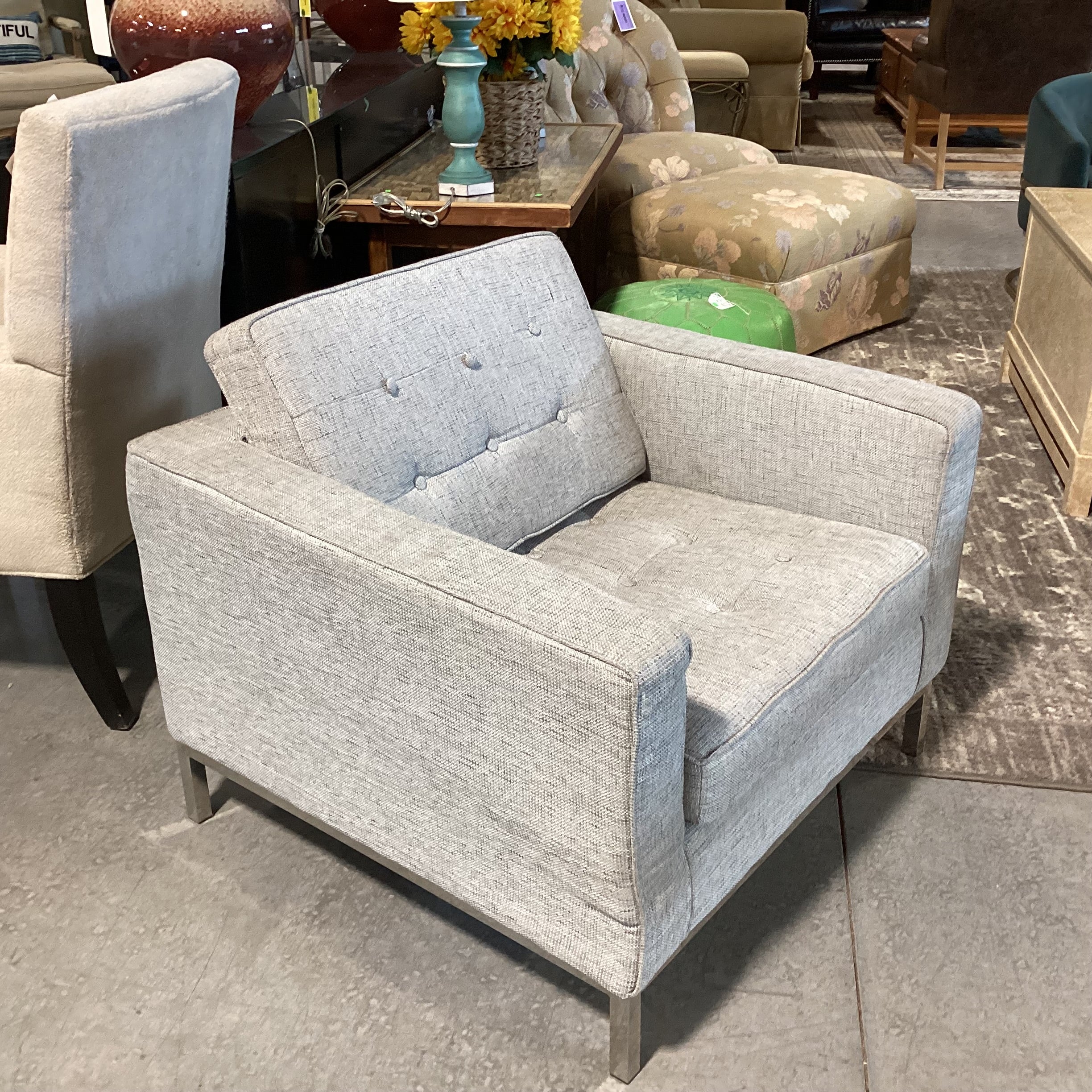Modern Heathered Grey Woven Button Tufted & Chrome Chair 31"x 19"x 28.5"