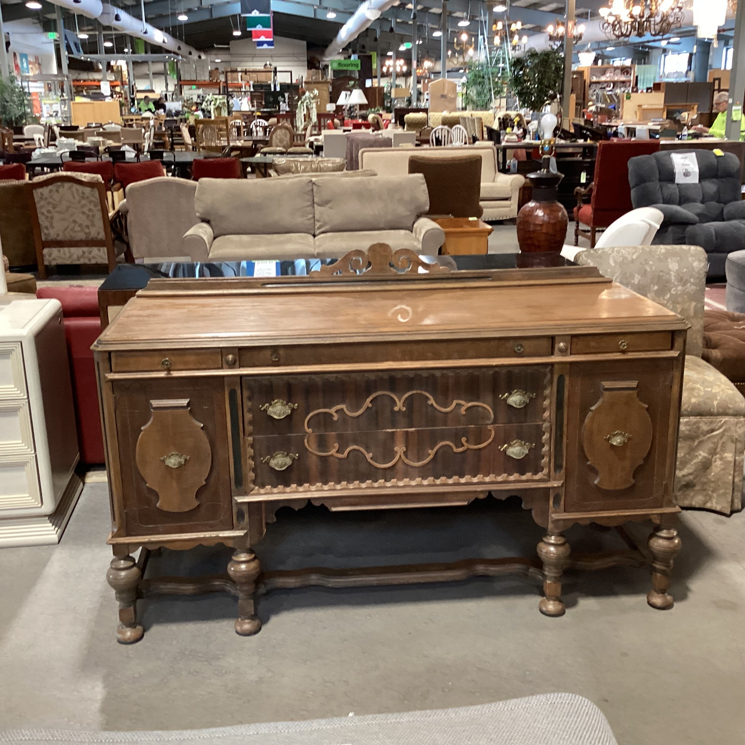 Antique Carved Detail & Ornate Molding 5 Drawer 2 Door Sideboard 67"x 22.5"x 43.5"