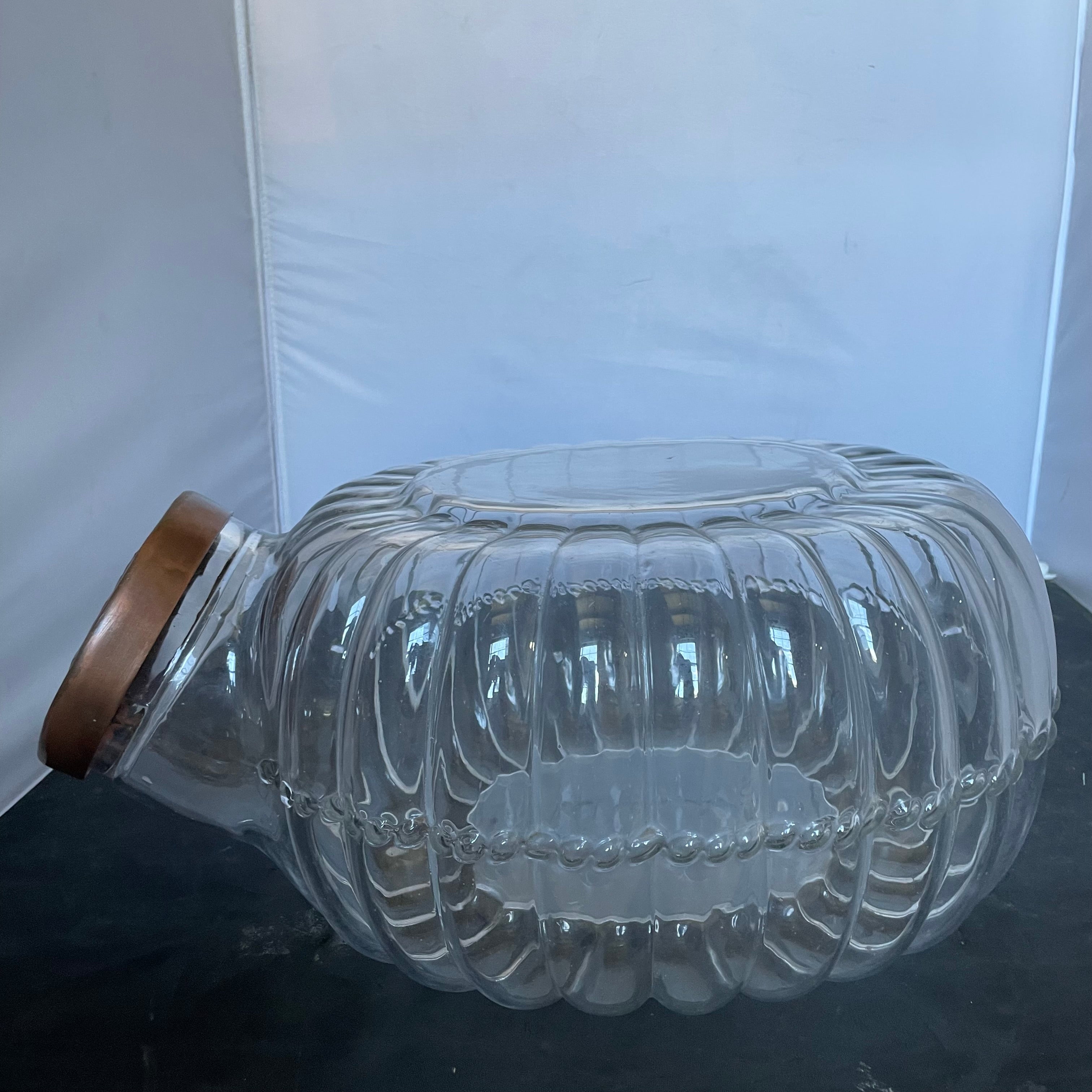 Hoosier Style Ribbed Glass Storage Cannister with Copper Crafted Leaf Lid, 16"x 11"x 7"