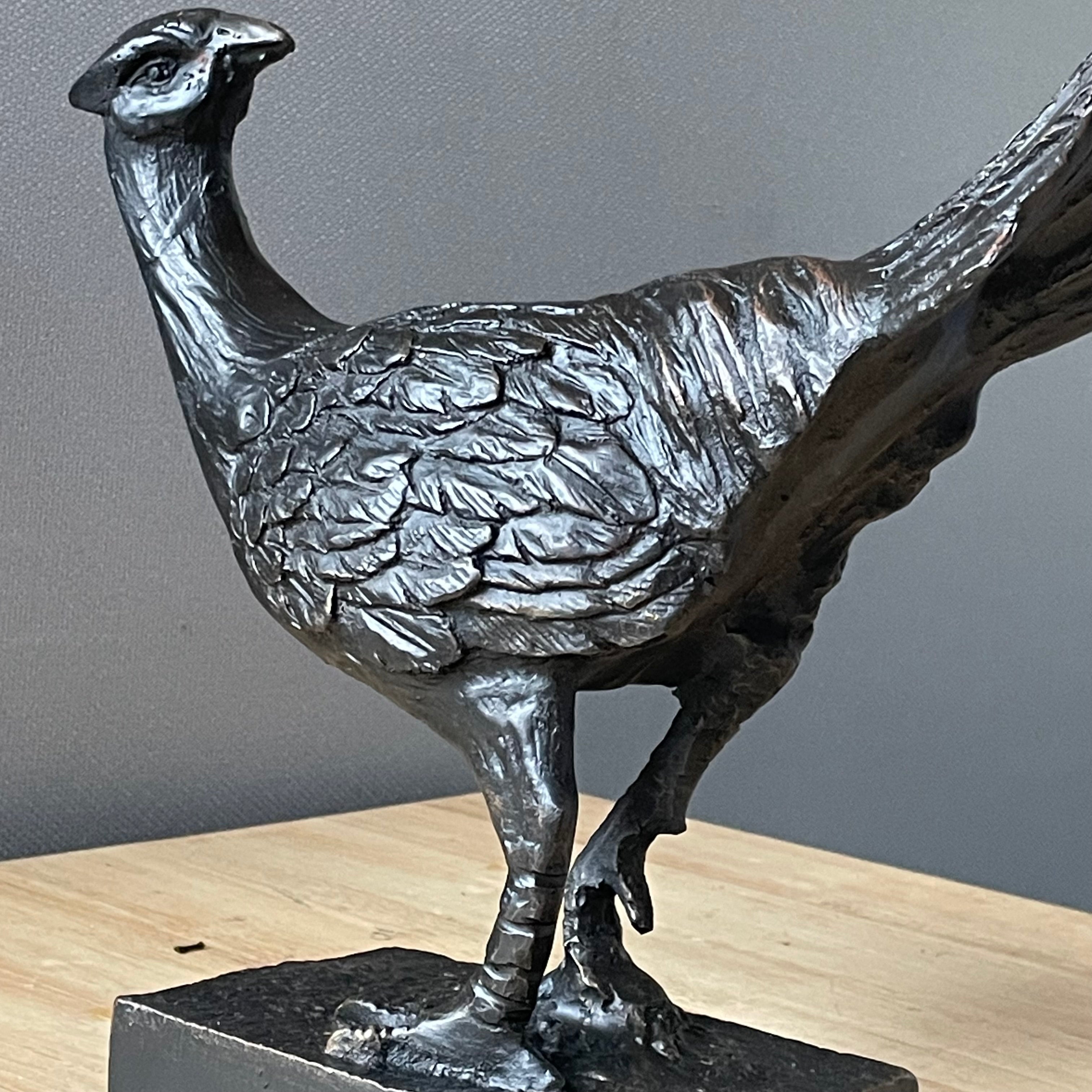 Heavy Cast Iron Pheasant Sculpture, 14"x 17"