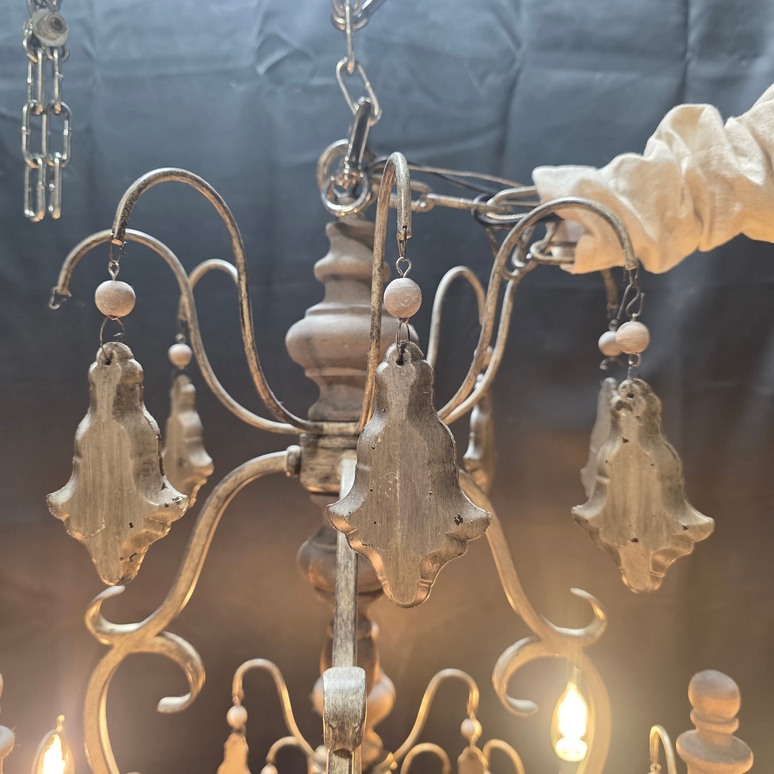 Ornate French Country Six Light Painted Glass Pendants Chandelier 33"x33"x44.5"