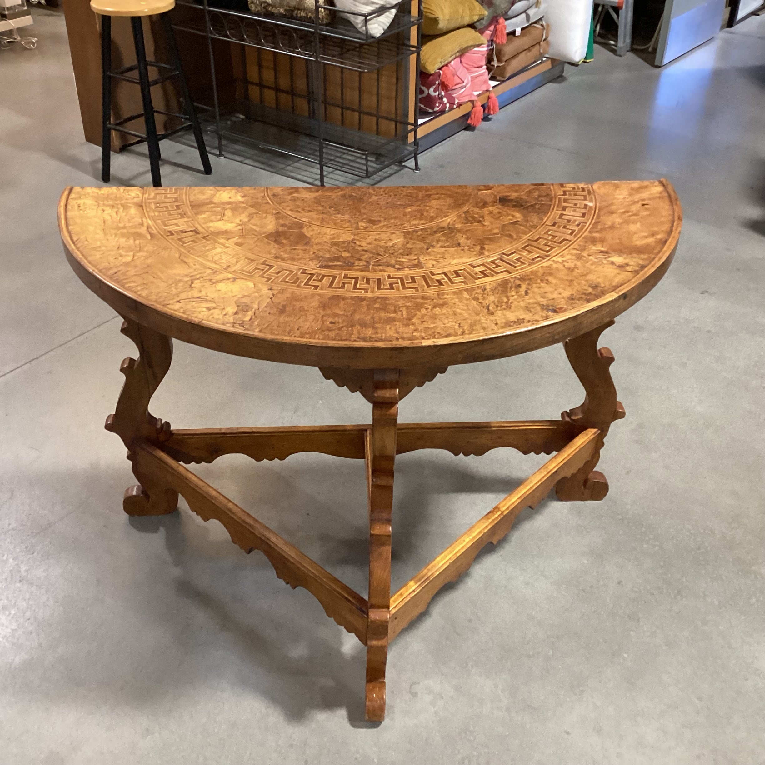 Antique Ornate Carved Wood & Inlay Demi Lune Accent Table 49"x 25"x 35"