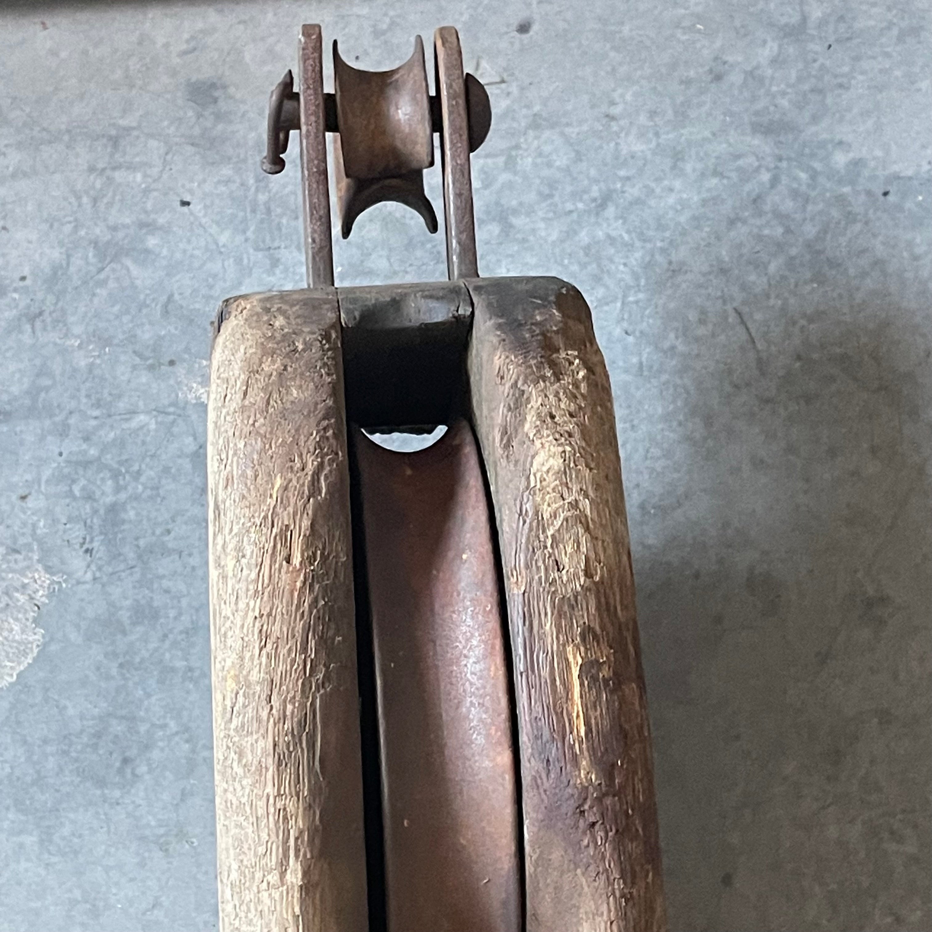 Antique Rustic Wood & Cast Iron Block Tackle Pulley, 9"x 6.5"x 23"