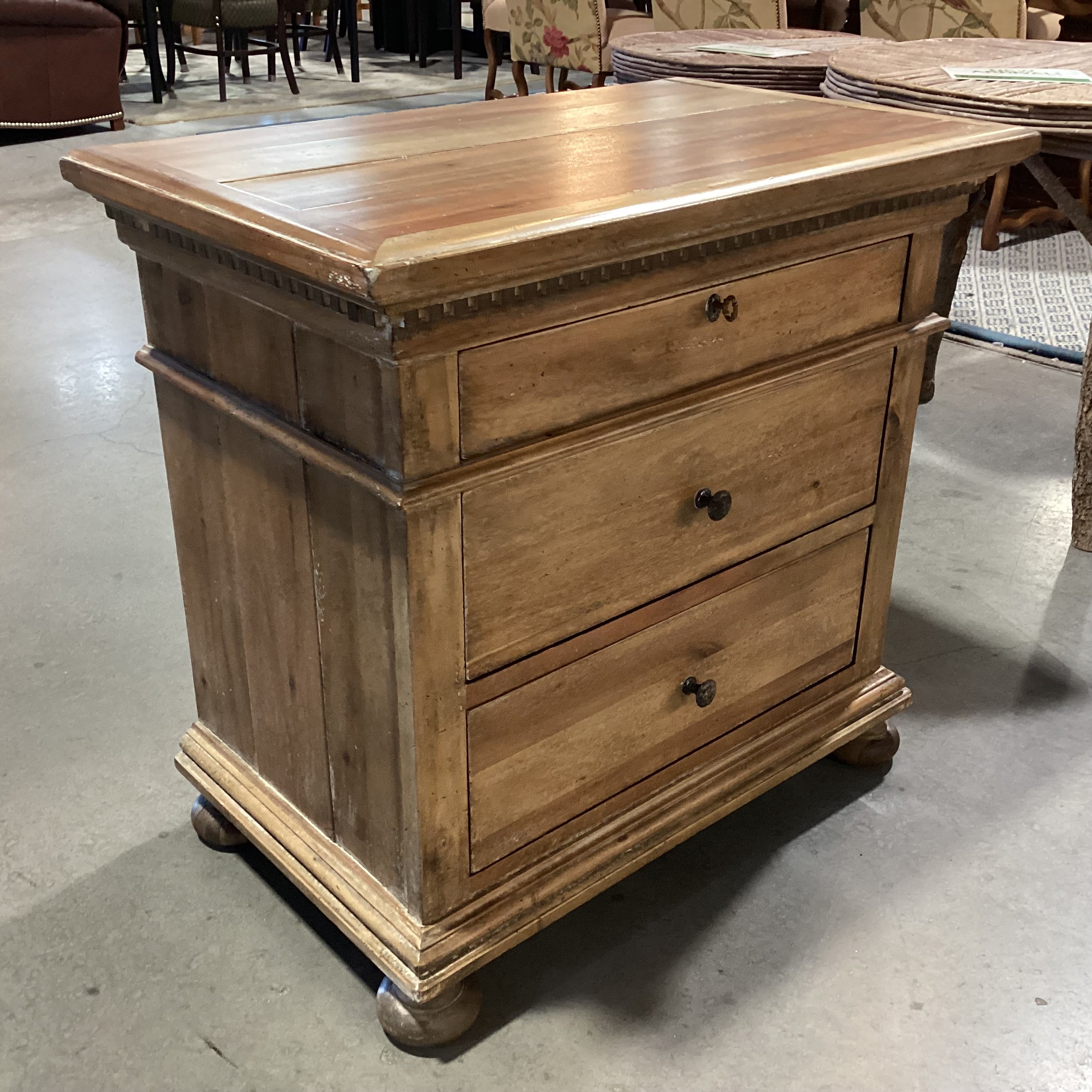 Restoration Hardware St James Natural Distressed Carved Wood 3 Drawer Night Stand 32"x 19.5"x 30"