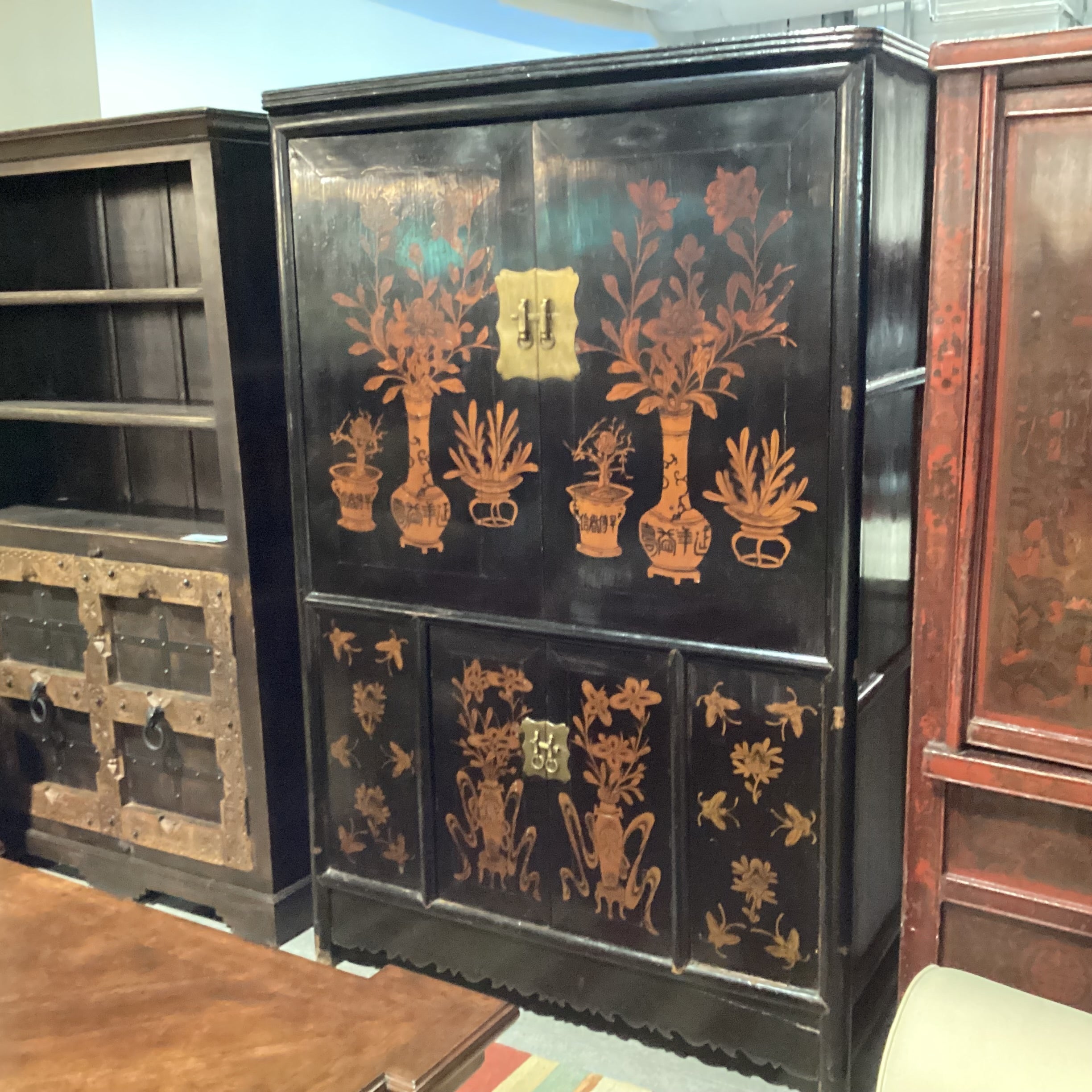Vintage Antique Asian Black Lacquer & Gold Painted Vase Florals 4 Door with Shelves Armoire 52"x 23"x 79"