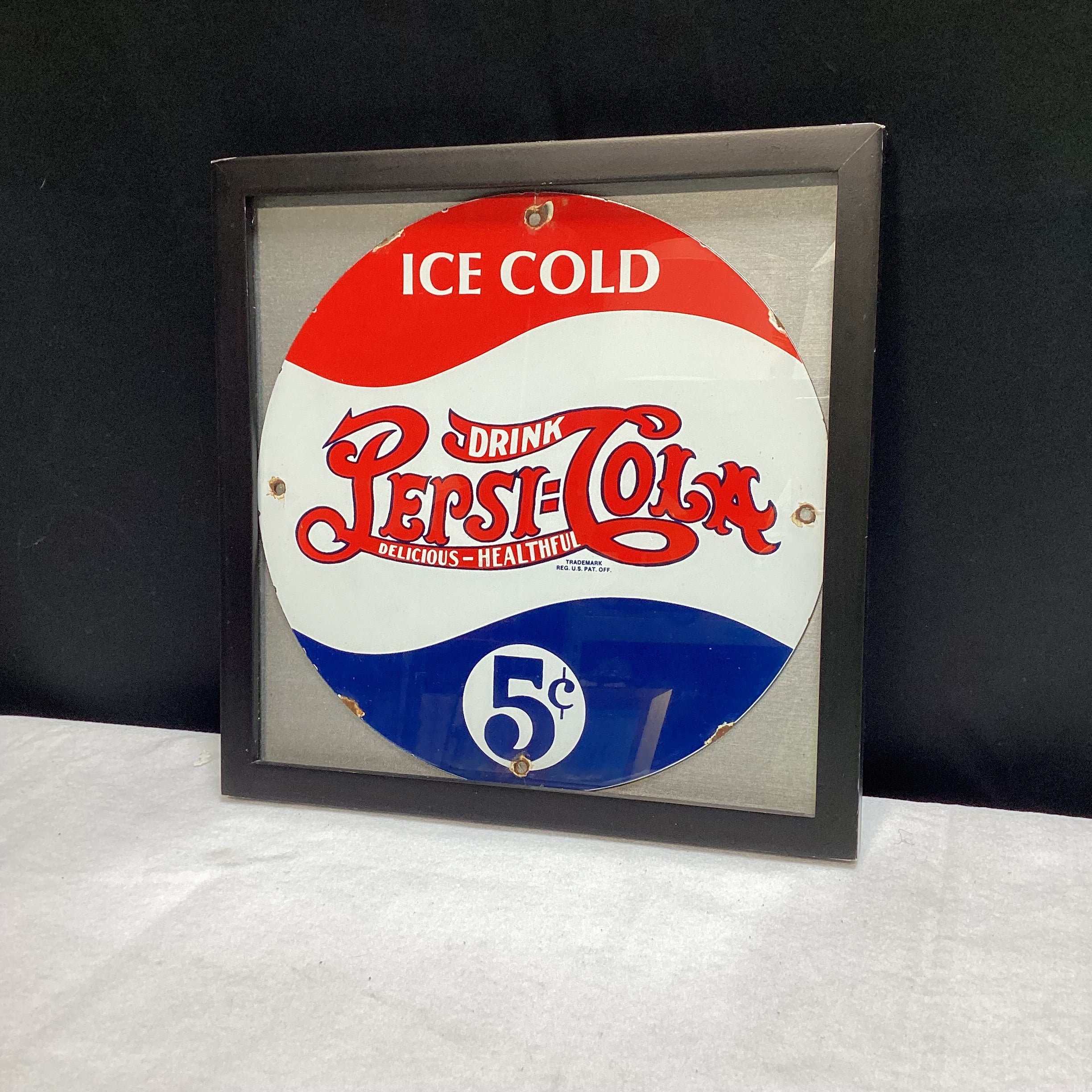 Vintage Pepsi-Cola Sign In Black Frame 13" x 13"