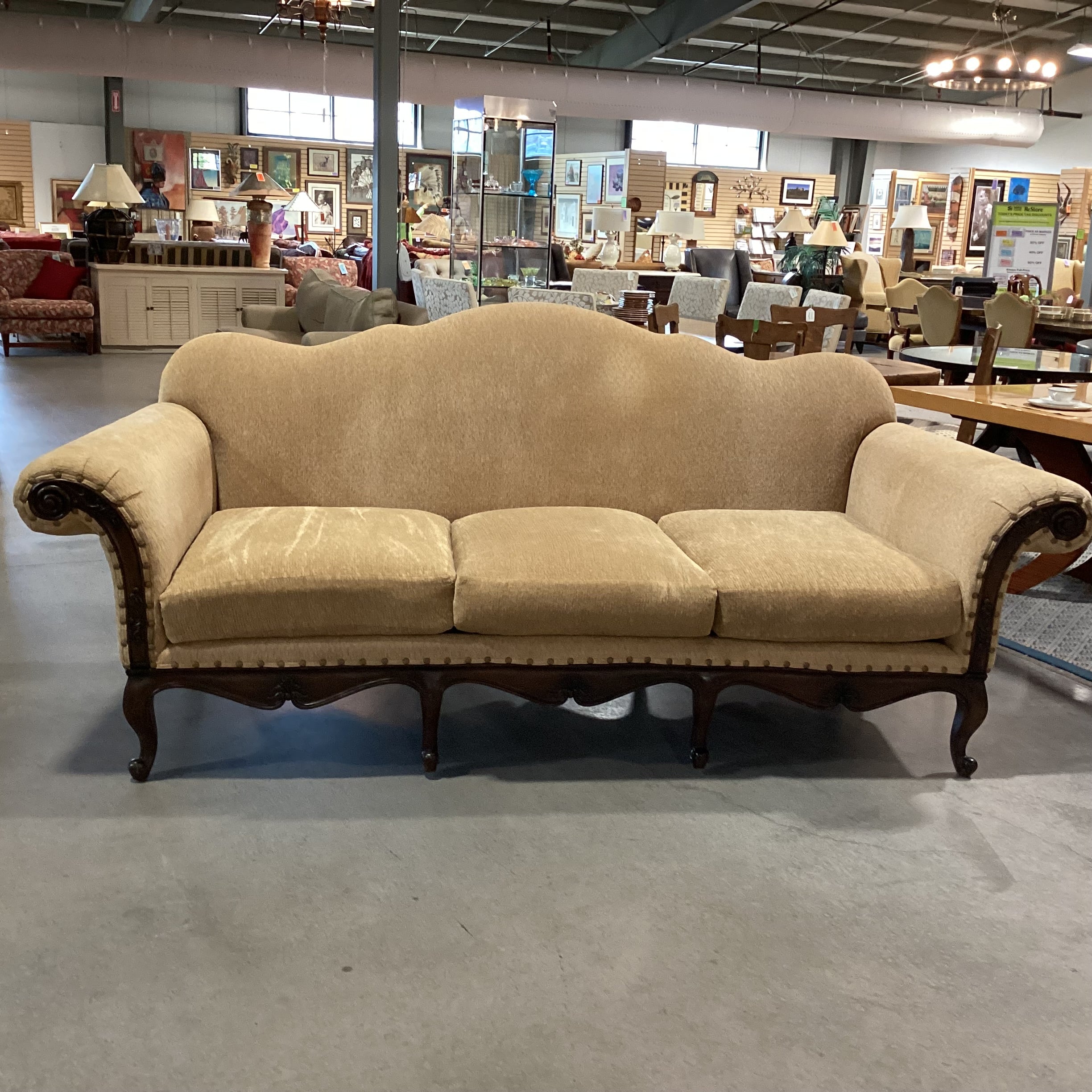 Ralph Lauren St Germain Venetian Gold Chenille Woven Nailhead & Ornate Carved Wood Sofa 103"x 41"x 45"