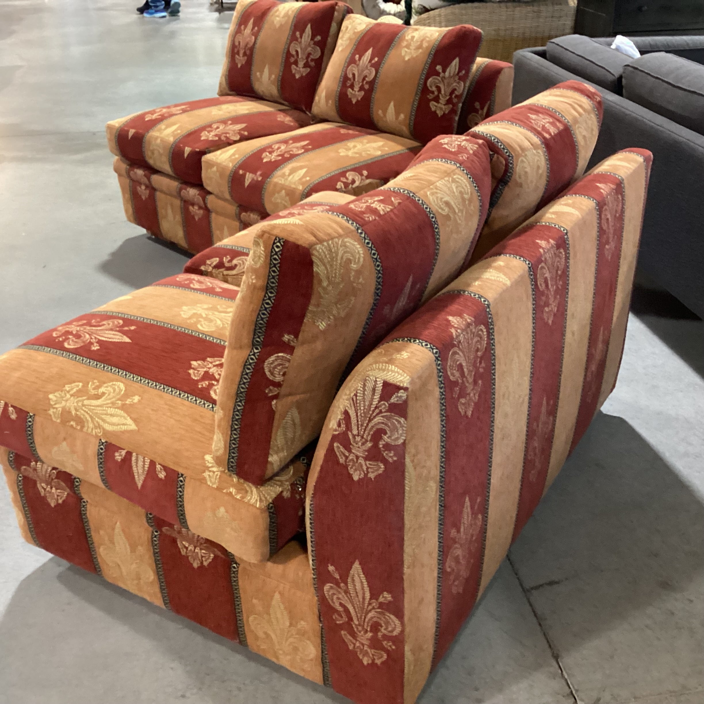 R Jones Custom Rust Gold Fleur De Lis Down Mix 2 Piece Sofa 103"x 37"x 30"