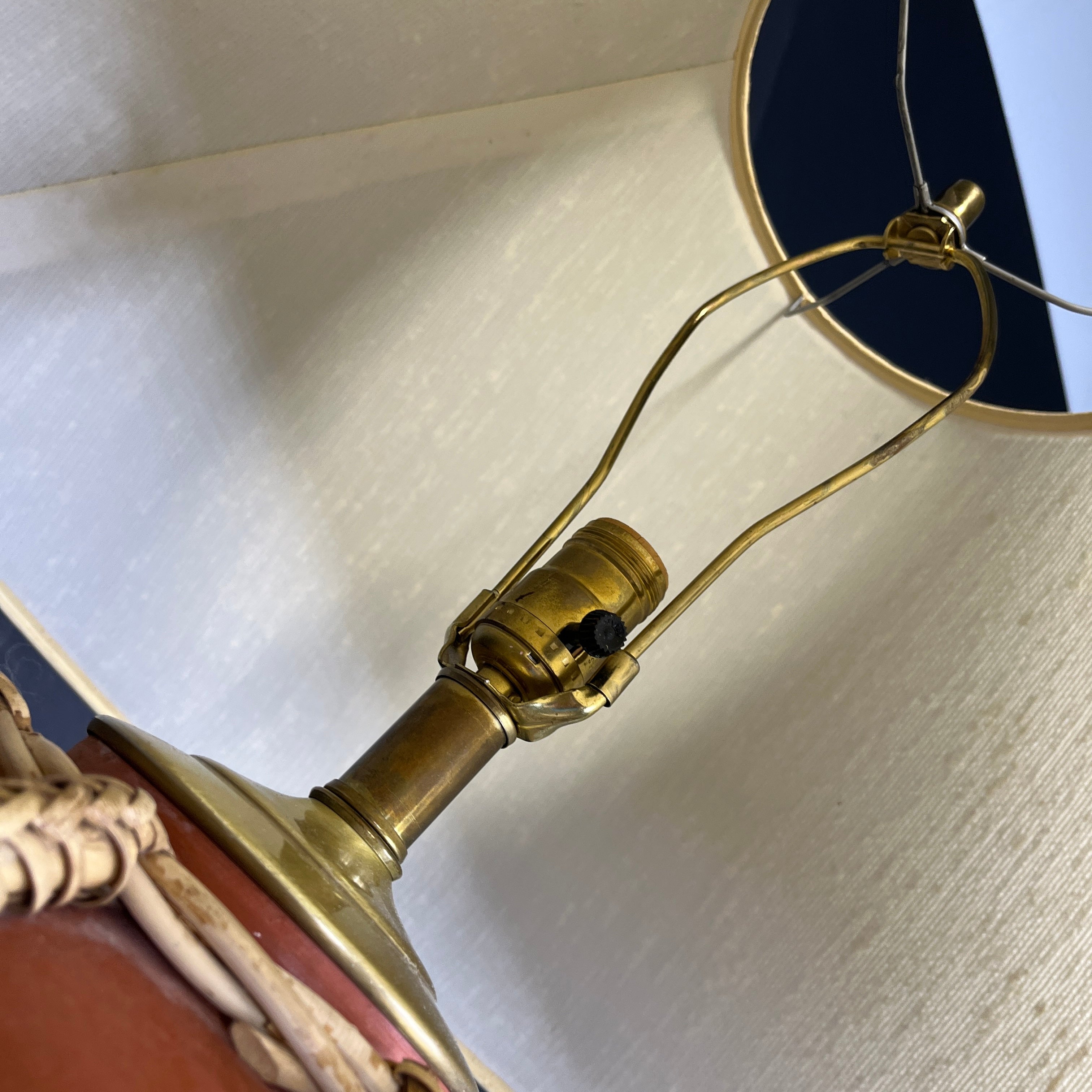 Oversized Terracotta and Woven Rattan with Shade Table Lamp 25” Diameter @ Shade x 34”