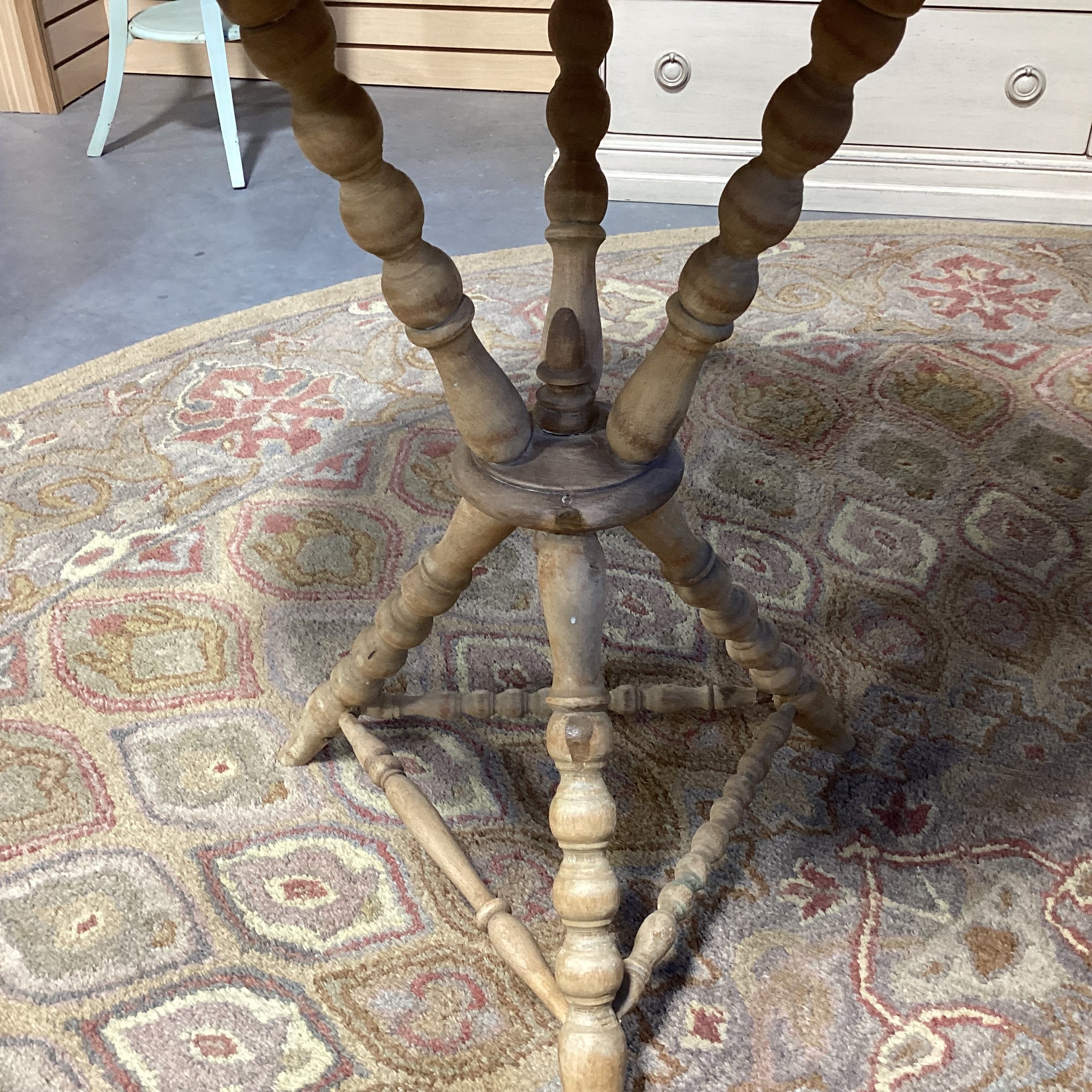 Antique Natural Pine Spindle Carved Tri Leg Octagon Top Accent Table 28.5"x 28.5"x 29.5"
