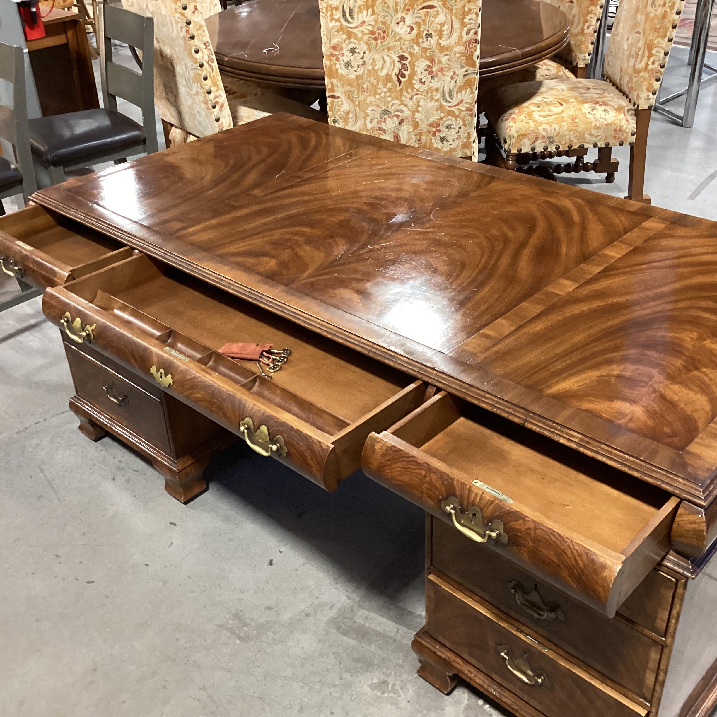 Alfonso Marina Ebastina Delaware Antiqued Primavera Wood & Brass 8 Drawer Desk 73"x 36"x 31"