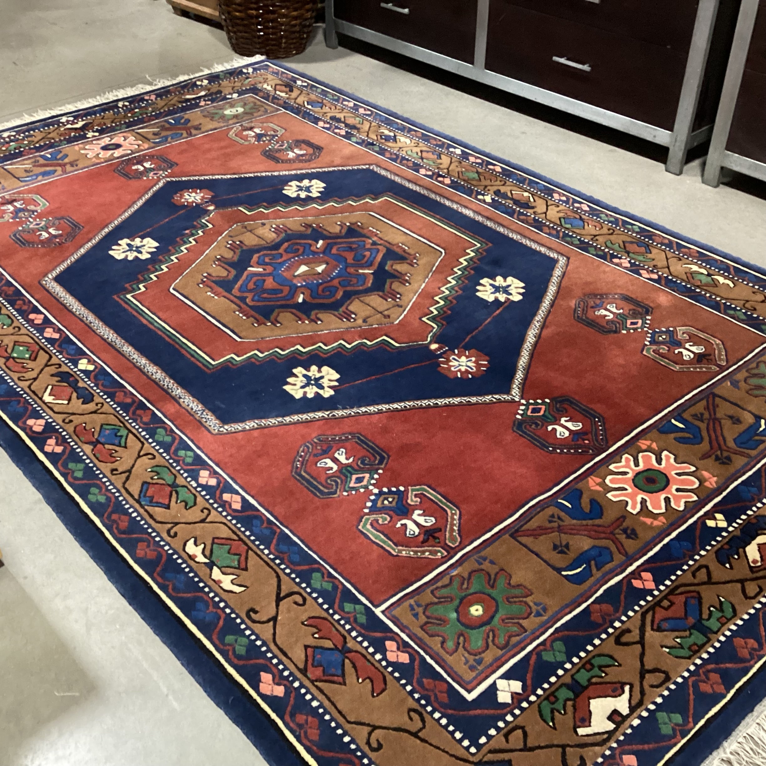 Red Blue Golden Brown Hand Woven Wool Rug 6'2"x 10'6"