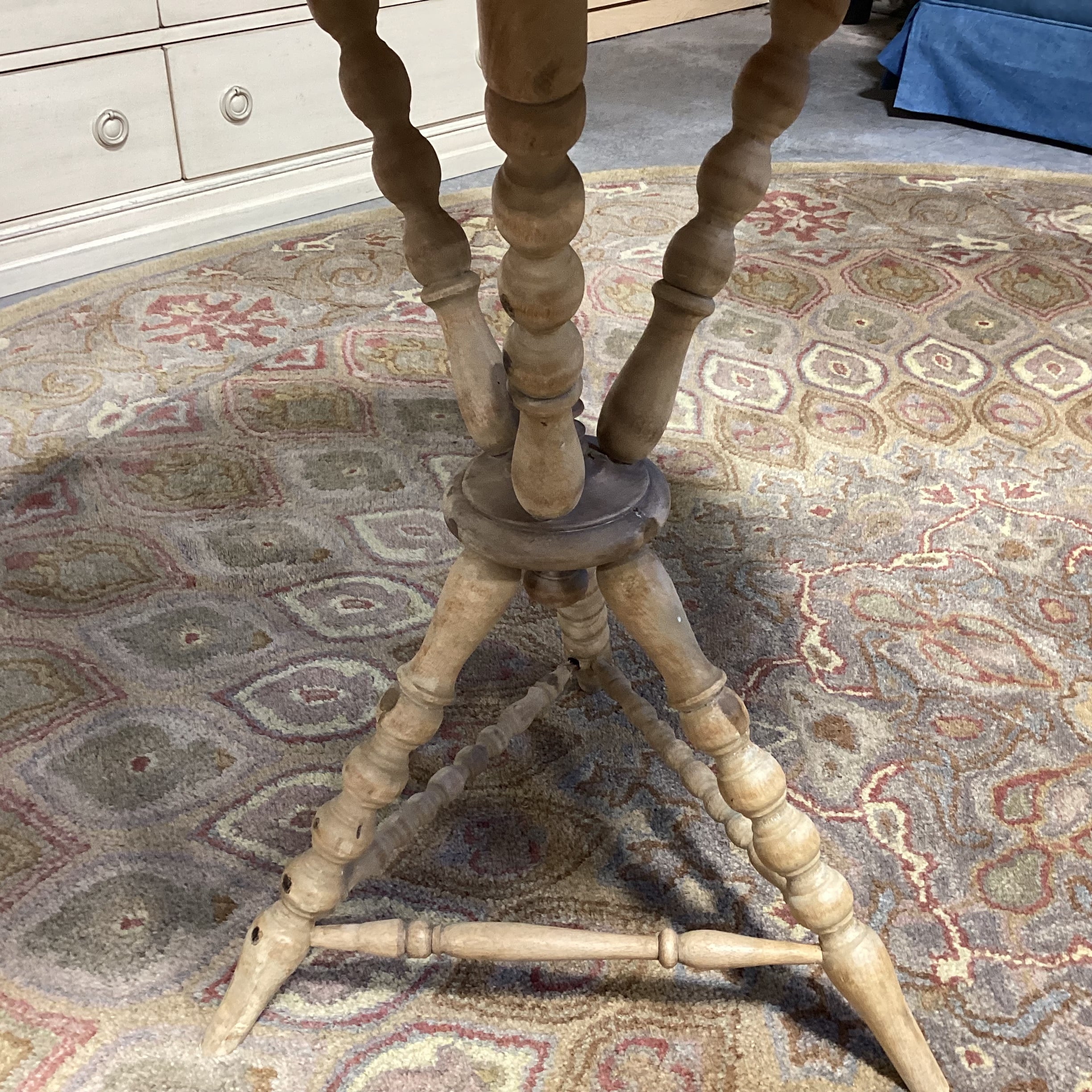 Antique Natural Pine Spindle Carved Tri Leg Octagon Top Accent Table 28.5"x 28.5"x 29.5"