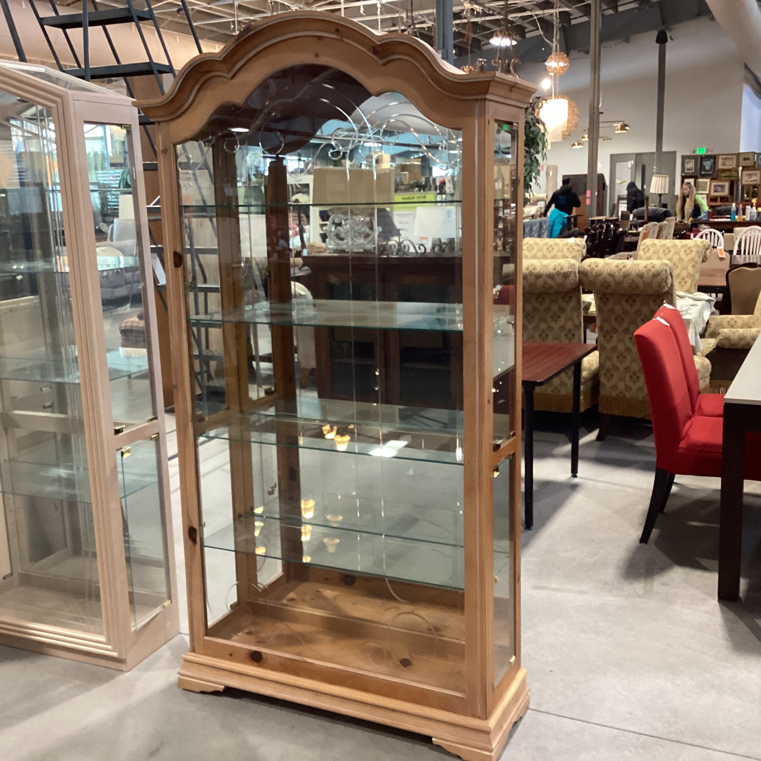 Carved Crown Natural Pine & Glass Side Locking Doors & Shelves Display China Hutch 43"x 14.5"x 80.5"