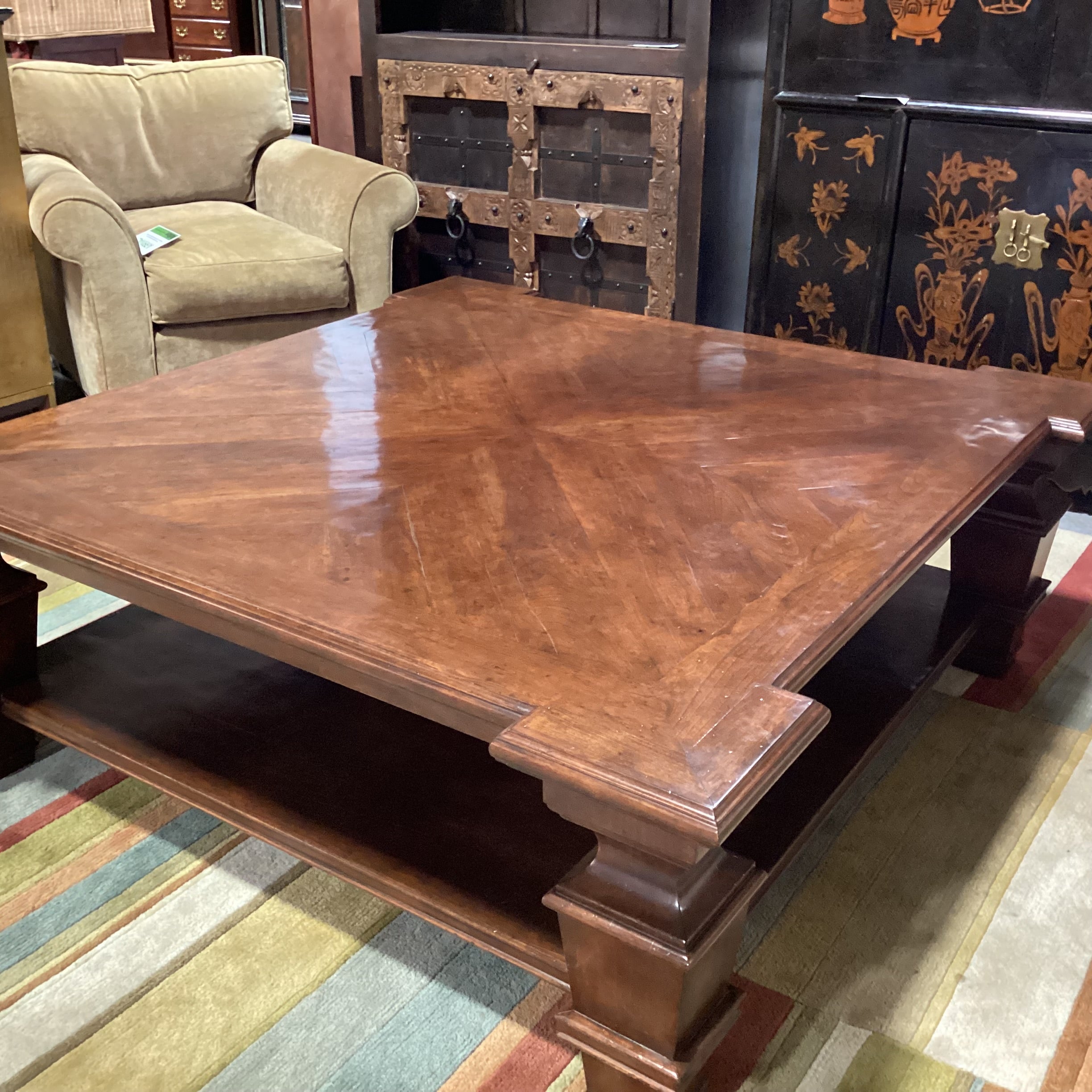 Carved Wood with Dark Lacquered Distressed Finish Matched Inset & Bottom Shelf Coffee Table 60"x 60"x 21"