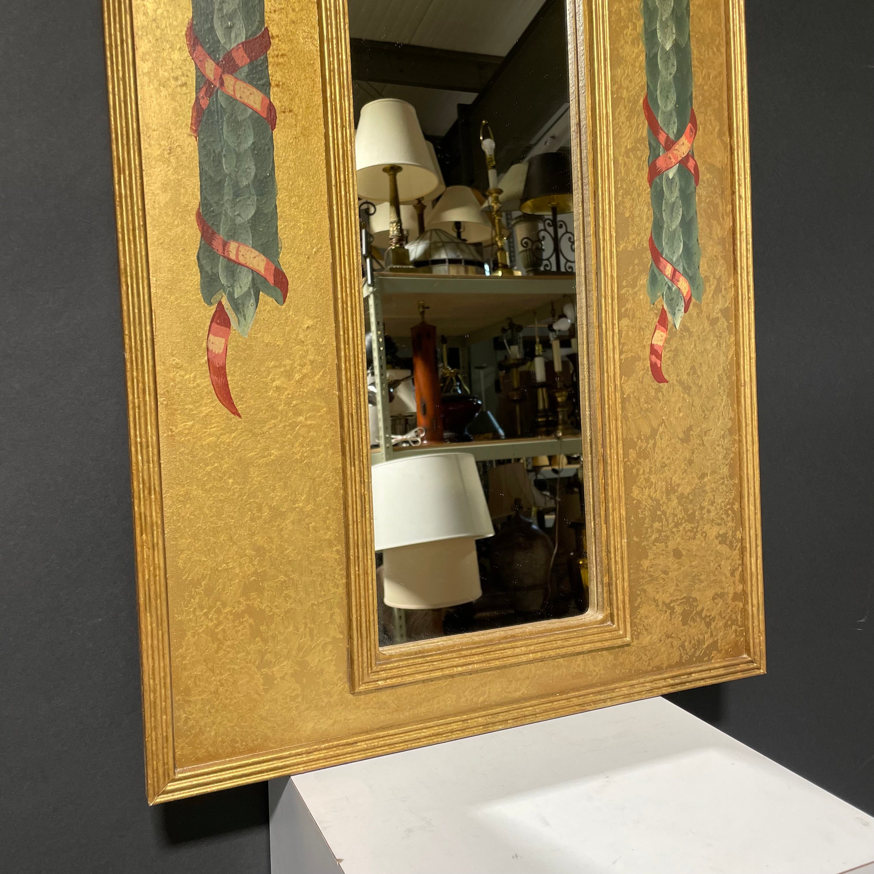 Mid Century Modern Giltwood Wall Mirror With Hand-Painted Garland 20" x 36"