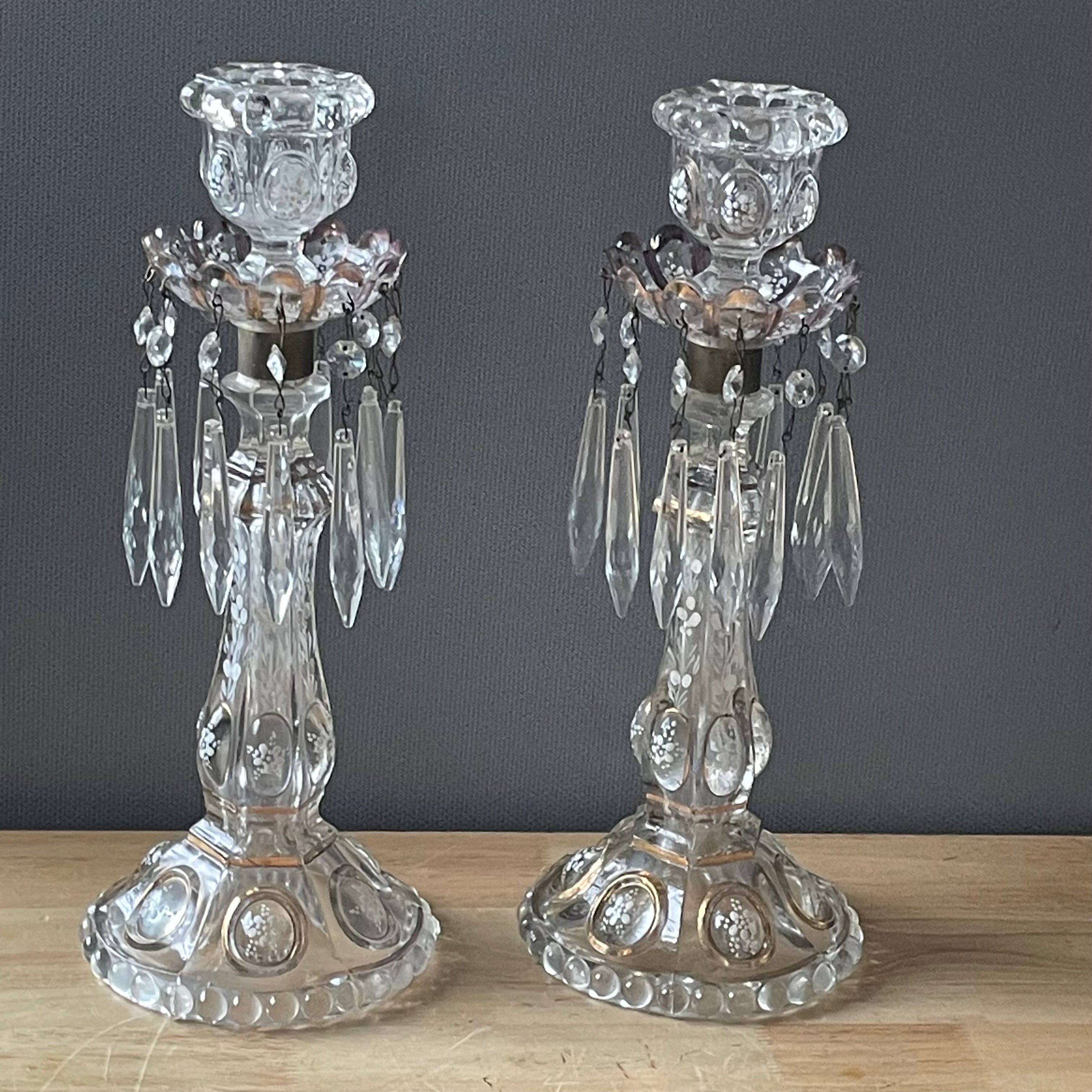 Antique 1850's Baccarat Style Gold Trim White Enamel Detail Pressed Glass Candelabras, Pair