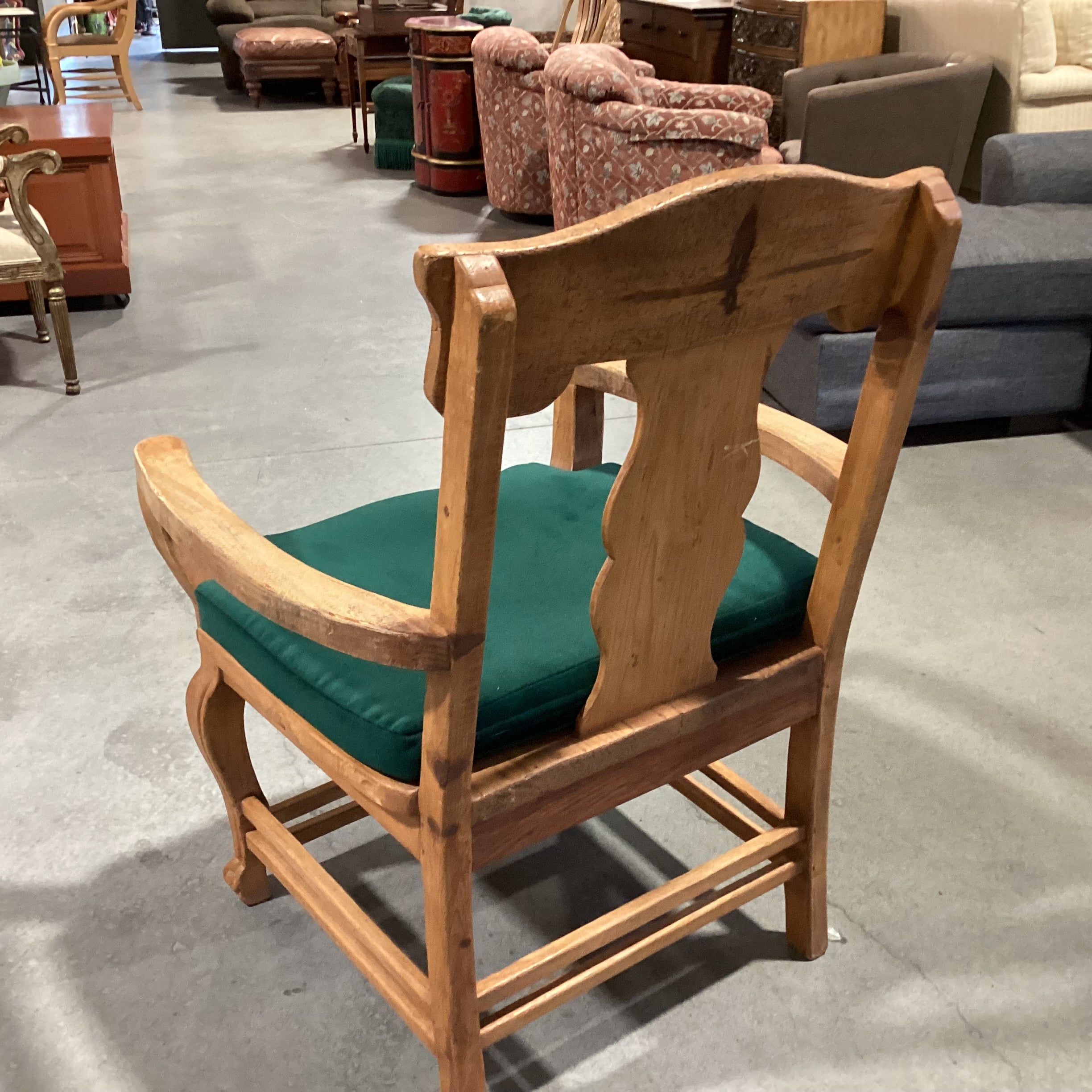 Vintage Natural Carved Wood with Green Cushion Chair 30"x 27"x 41"