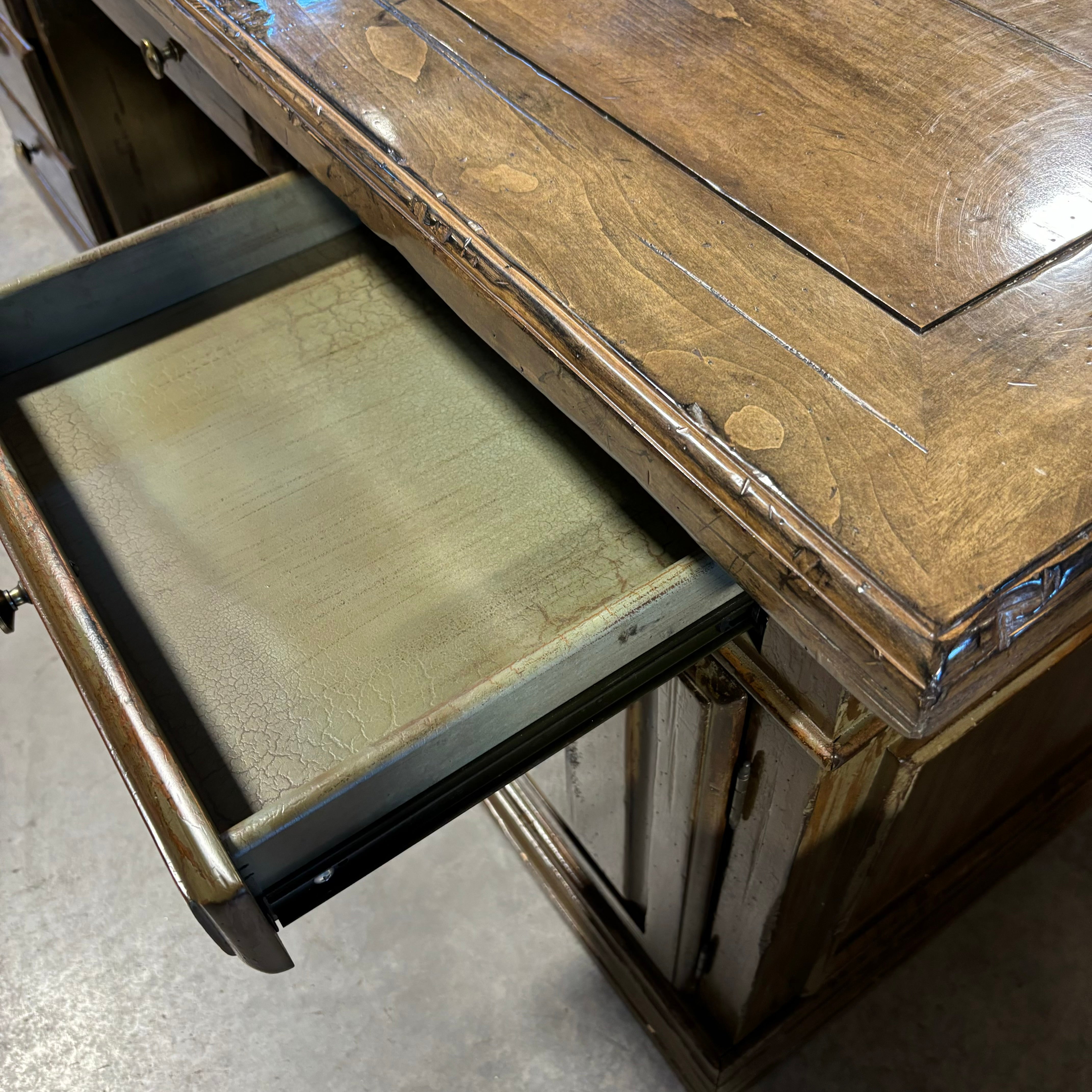 Antique Distressed Moss Finish 5 Drawer 1 Door with Dual Surface Pullouts Desk 74"x 41"x 30.5"