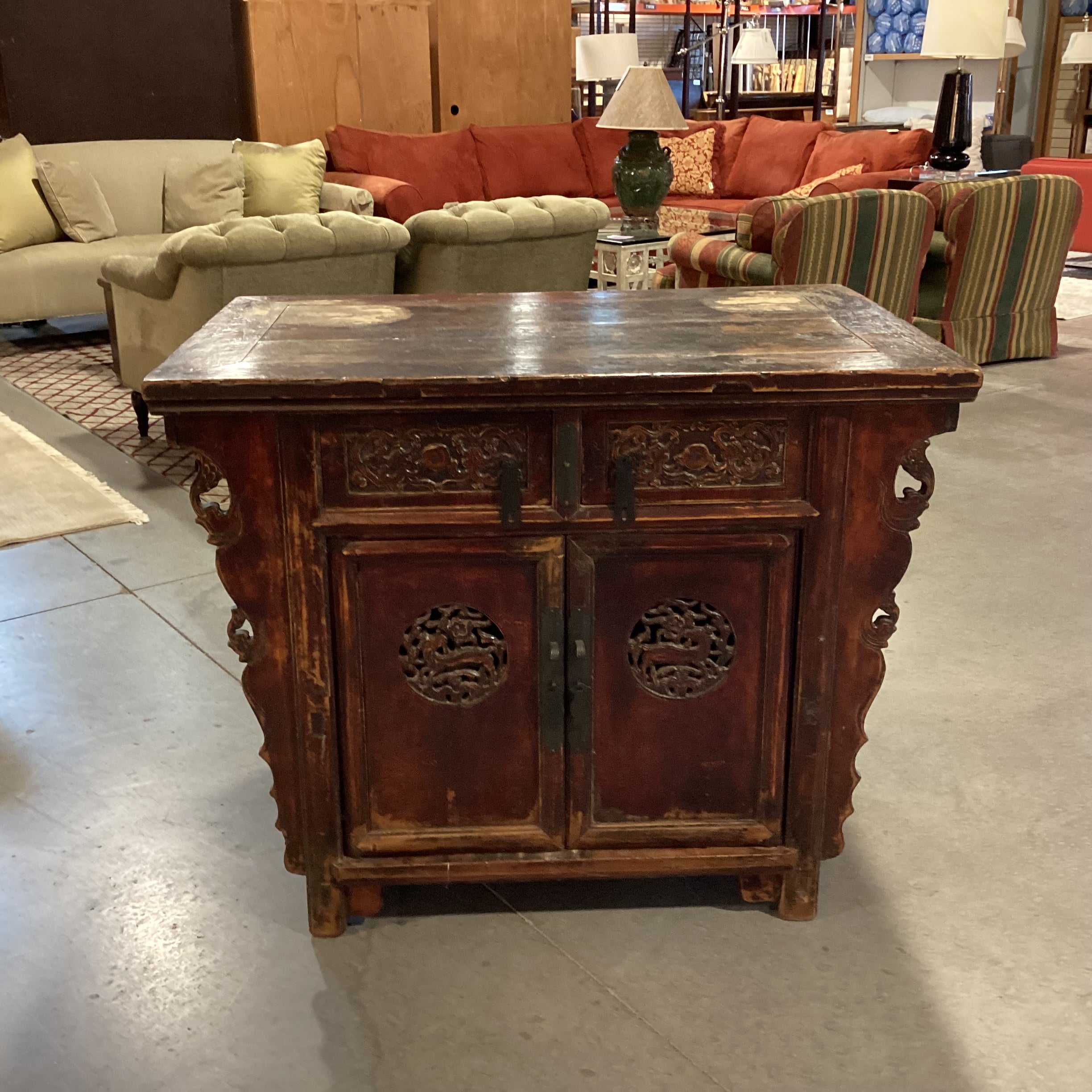 Vintage Antique Asian Carved Wood 2 Door 2 Drawer Alter Cabinet Console 43"x 27.5"x 34"