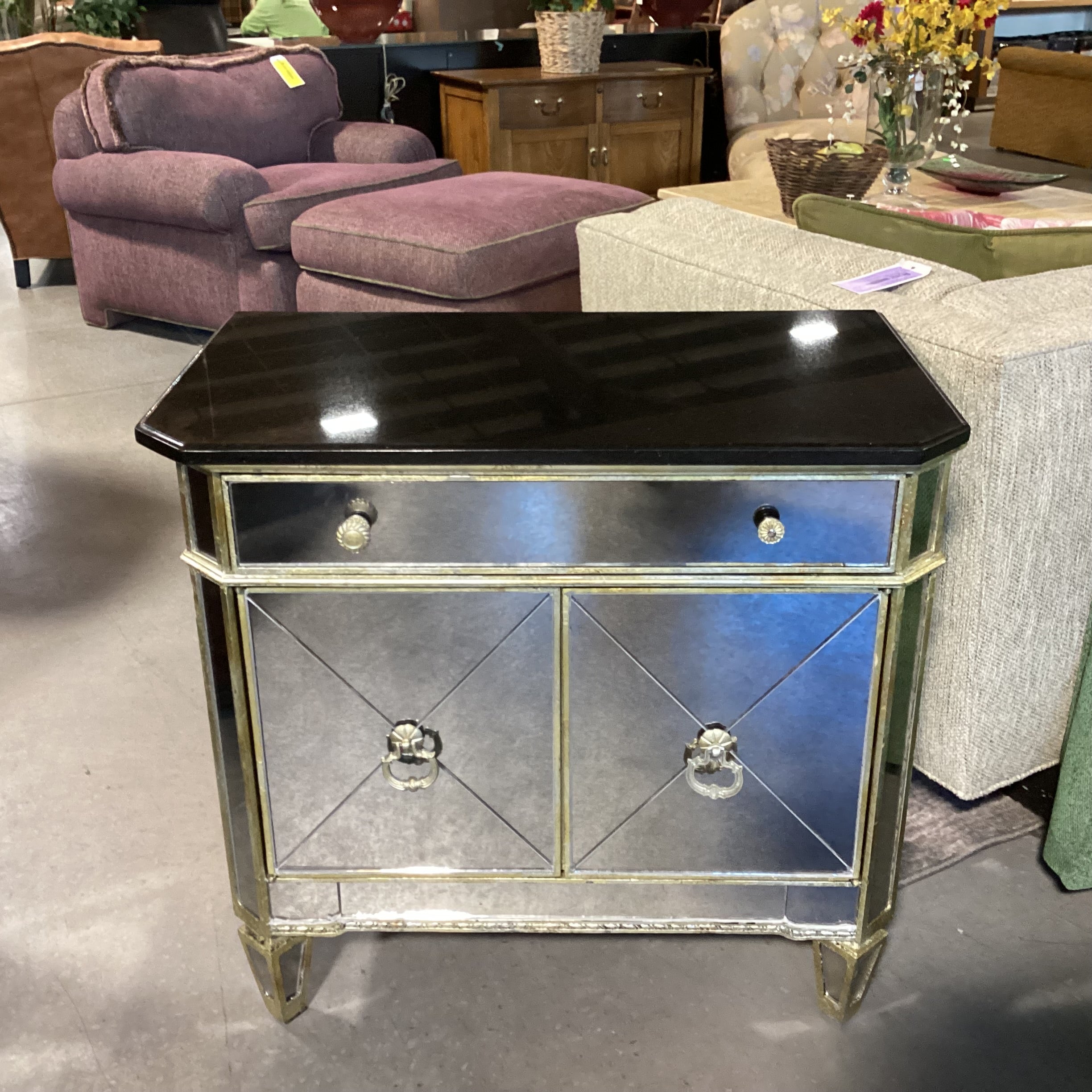 Antiqued Gold with Mirror & Black Granite Top 2 Door Night Stand 30.5"x 17.5"x 29"