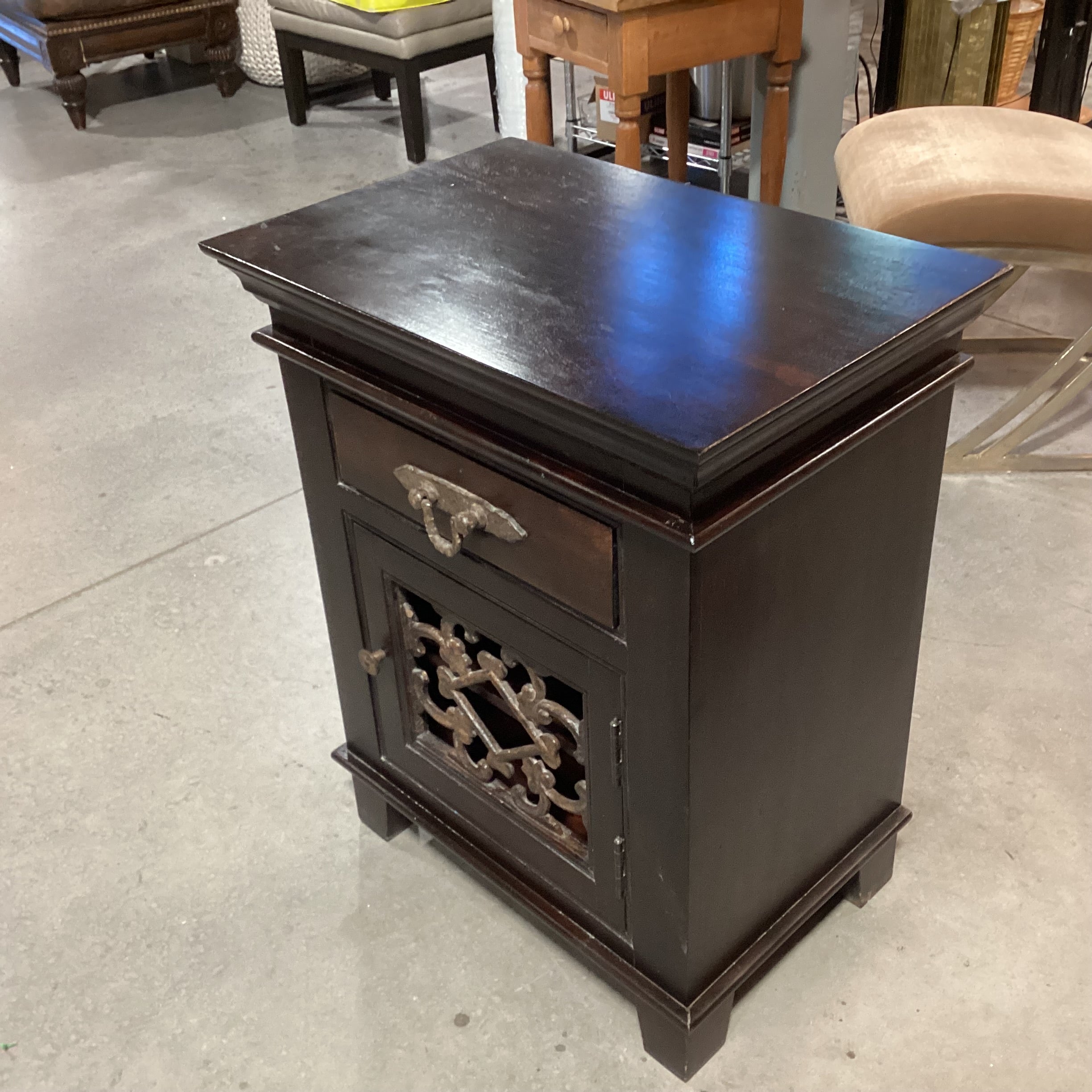 Dark Finish Solid Fruitwood & Iron Detail 1 Door 1 Drawer Nightstand 24"x 16"x 30"