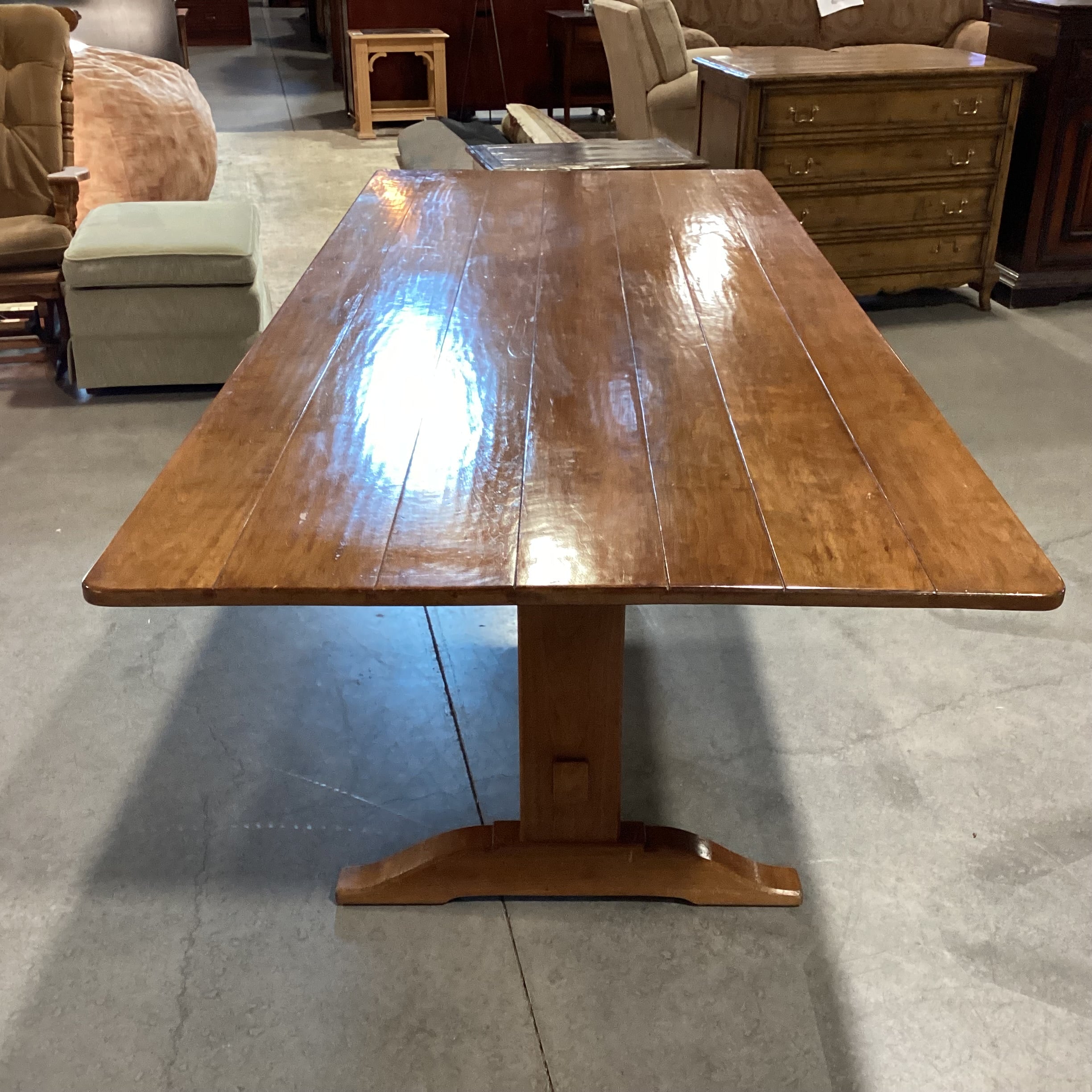 Distressed Finished Plank Top & Trestle  Base Dining Table 93"x 39.5"x 30"