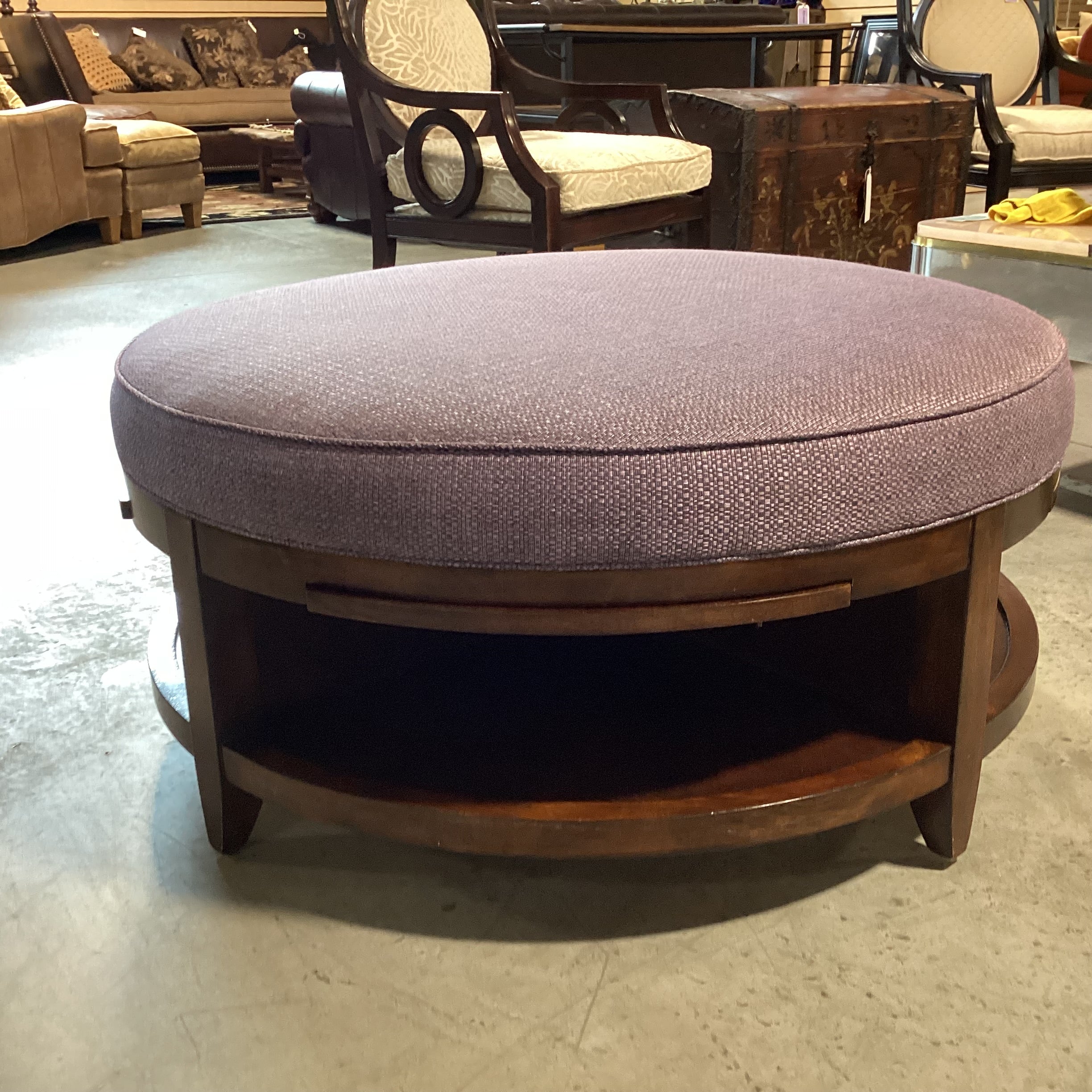 Dark Finish Wood & Plum Woven 2 Tiered with 4 Pullout Tray Sides Round Cocktail Ottoman 41" to 54" Diameter x 19"