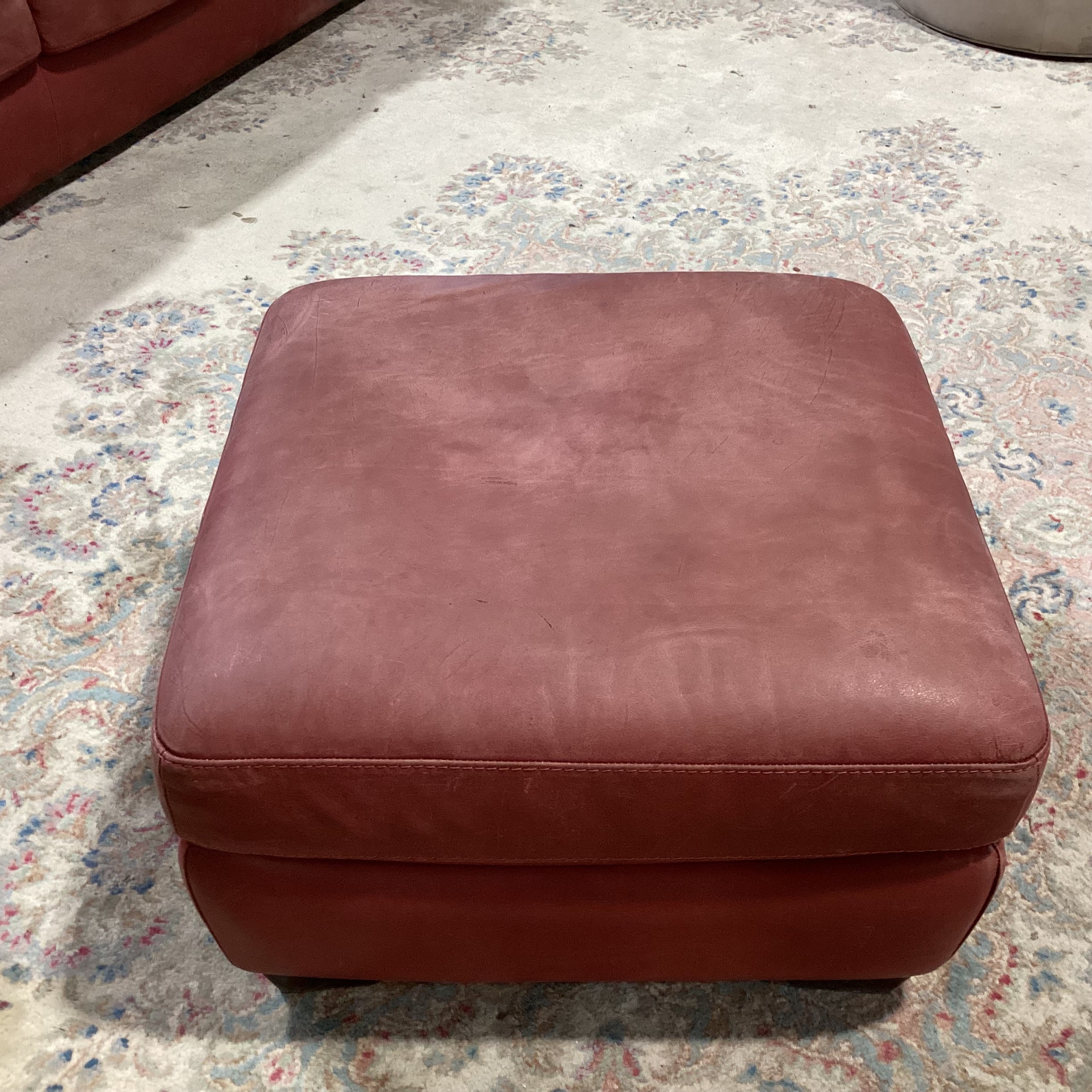 Brick Red Leather Ottoman 26"x 26"x 16"